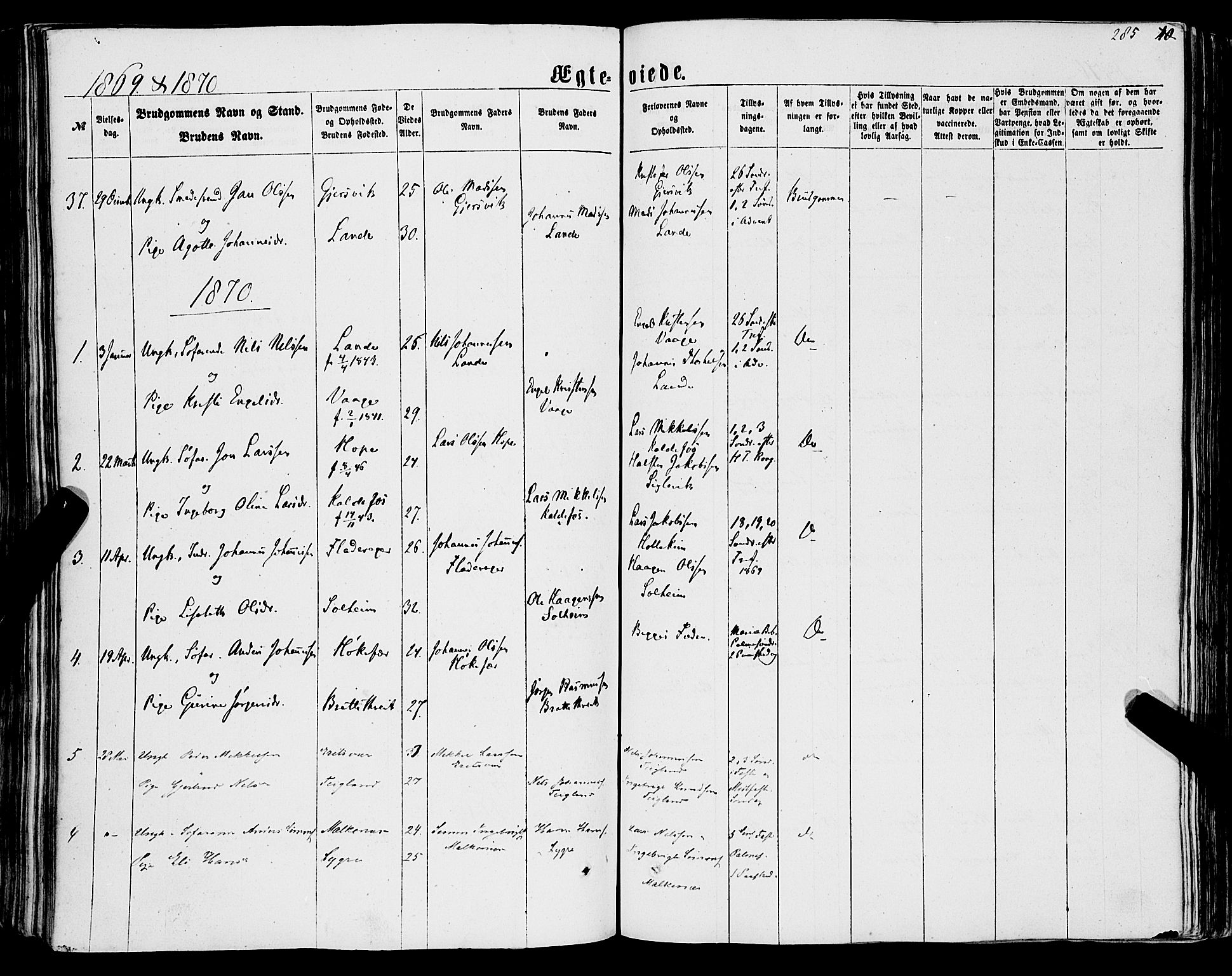 Tysnes sokneprestembete, SAB/A-78601/H/Haa: Parish register (official) no. A 11, 1860-1871, p. 285