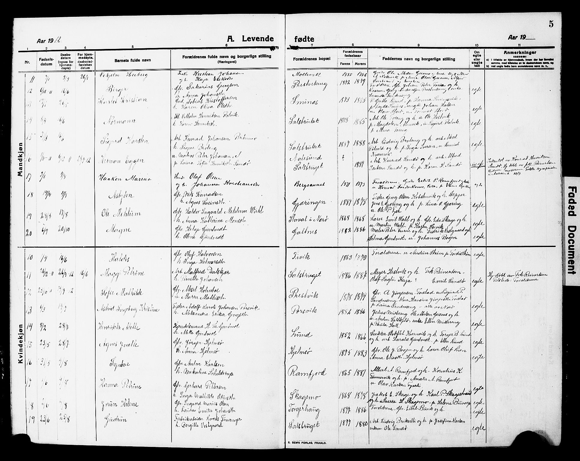 Ministerialprotokoller, klokkerbøker og fødselsregistre - Nord-Trøndelag, SAT/A-1458/780/L0653: Parish register (copy) no. 780C05, 1911-1927, p. 5