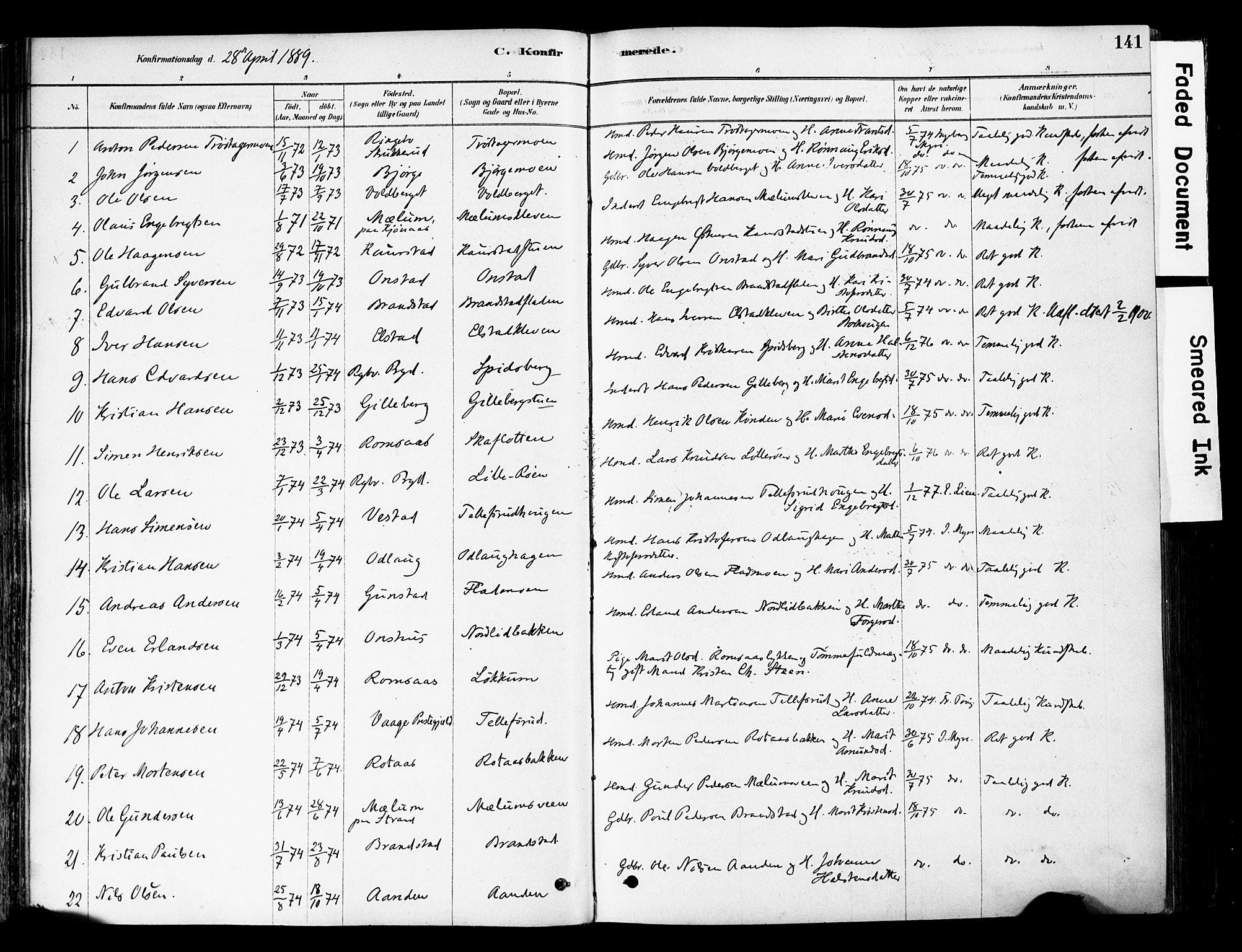 Ringebu prestekontor, AV/SAH-PREST-082/H/Ha/Haa/L0008: Parish register (official) no. 8, 1878-1898, p. 141