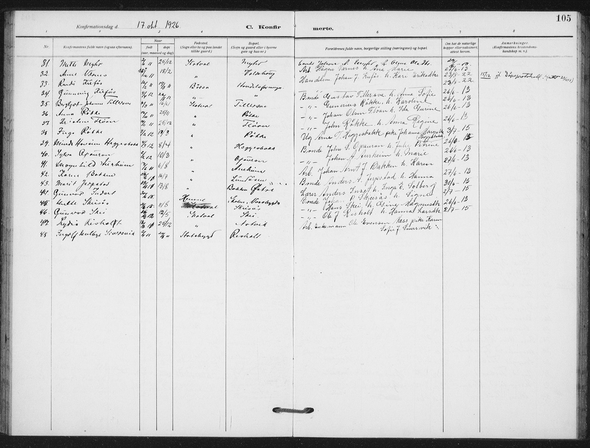 Ministerialprotokoller, klokkerbøker og fødselsregistre - Nord-Trøndelag, SAT/A-1458/712/L0102: Parish register (official) no. 712A03, 1916-1929, p. 105