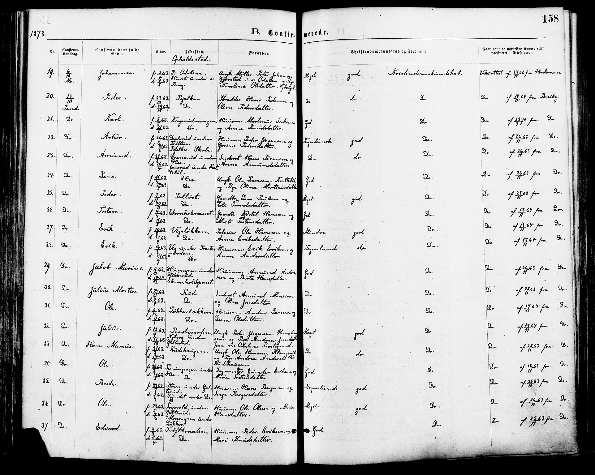 Nord-Odal prestekontor, AV/SAH-PREST-032/H/Ha/Haa/L0005: Parish register (official) no. 5, 1874-1885, p. 158