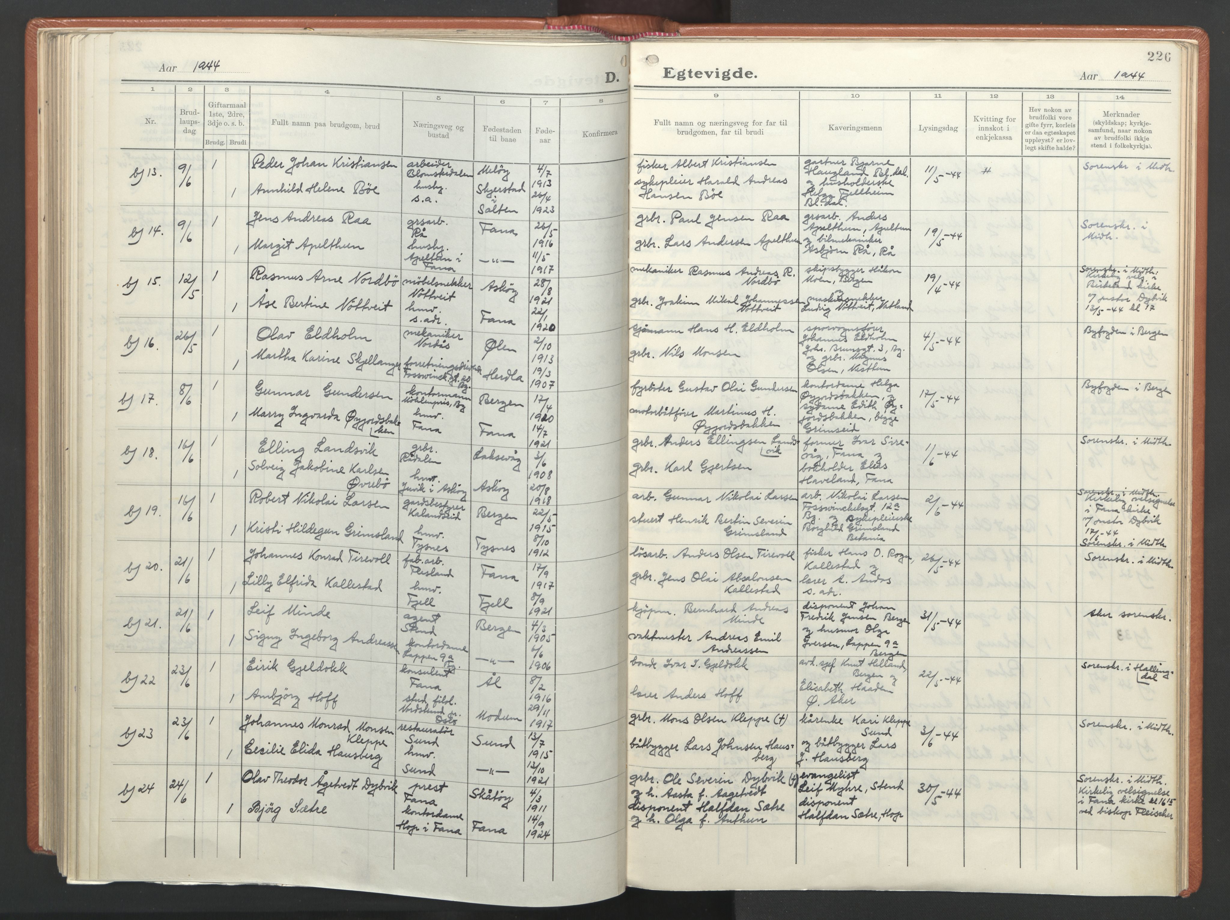 Fana Sokneprestembete, AV/SAB-A-75101/H/Haa/Haab/L0007: Parish register (official) no. B 7, 1934-1947, p. 226