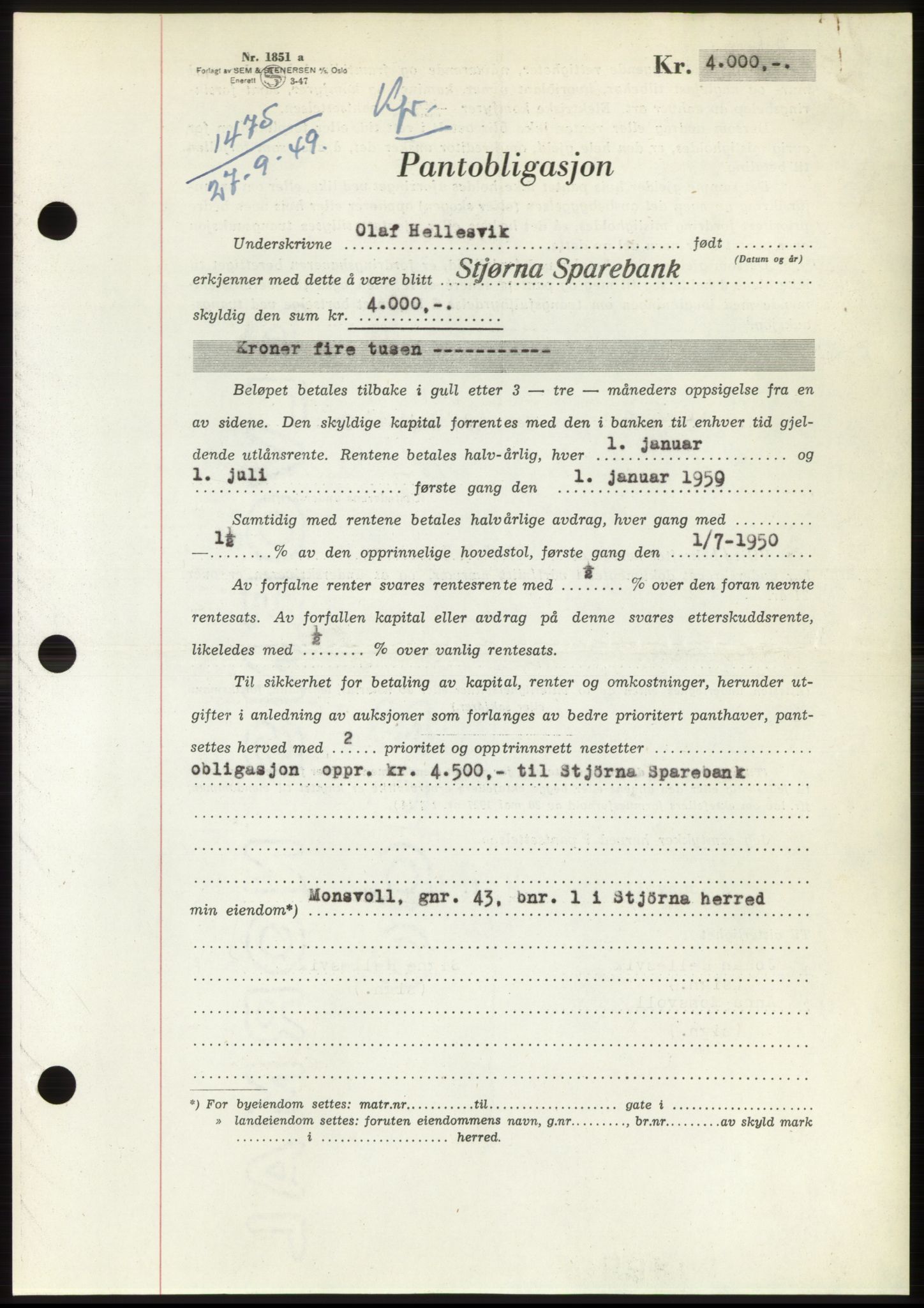 Fosen sorenskriveri, AV/SAT-A-1107/1/2/2C: Mortgage book no. B, 1948-1950, Diary no: : 1475/1949