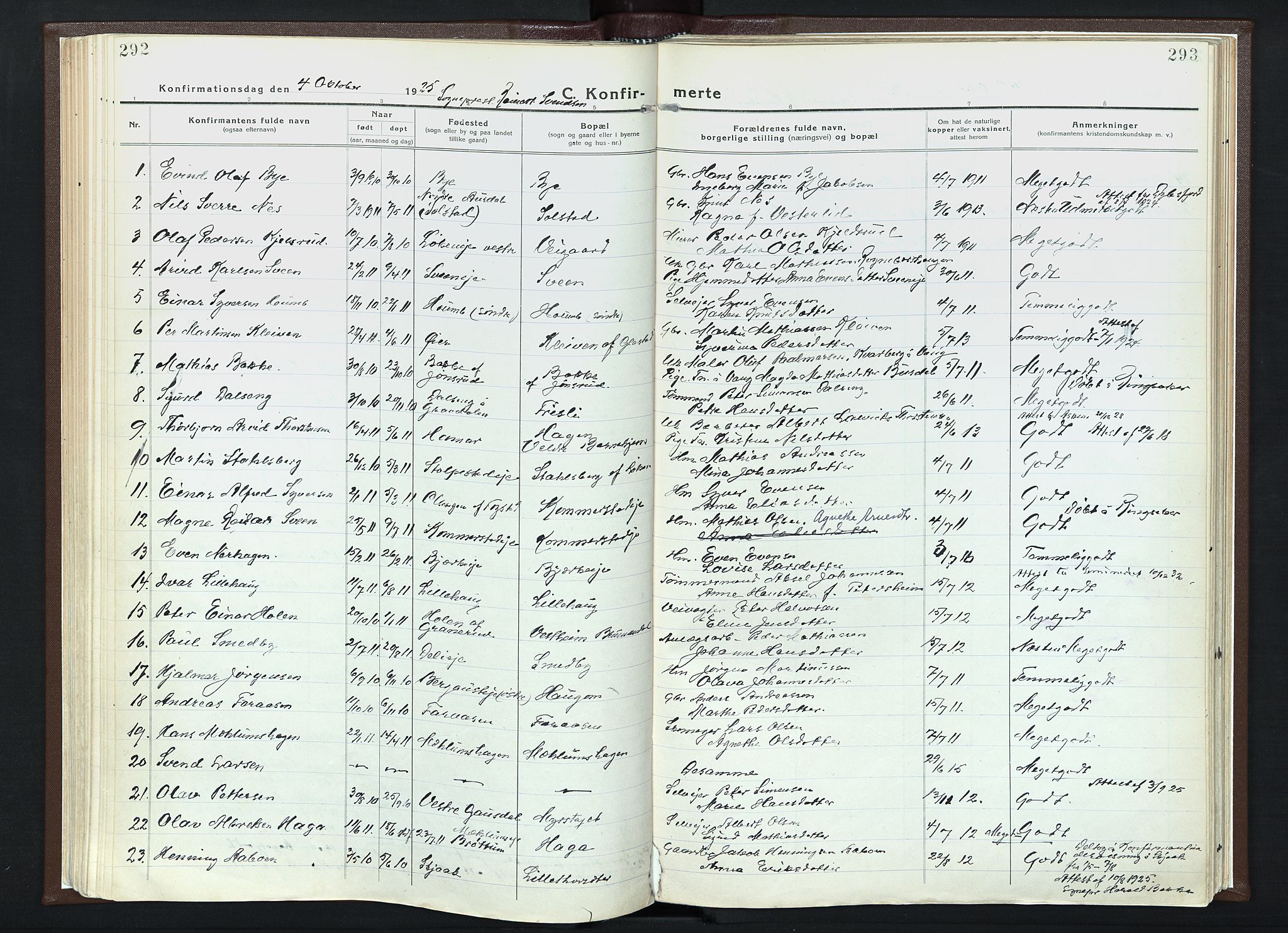 Veldre prestekontor, AV/SAH-PREST-018/K/Ka/L0001: Parish register (official) no. 1, 1921-1934, p. 292-293