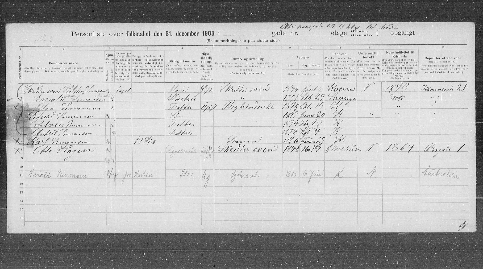 OBA, Municipal Census 1905 for Kristiania, 1905, p. 40904