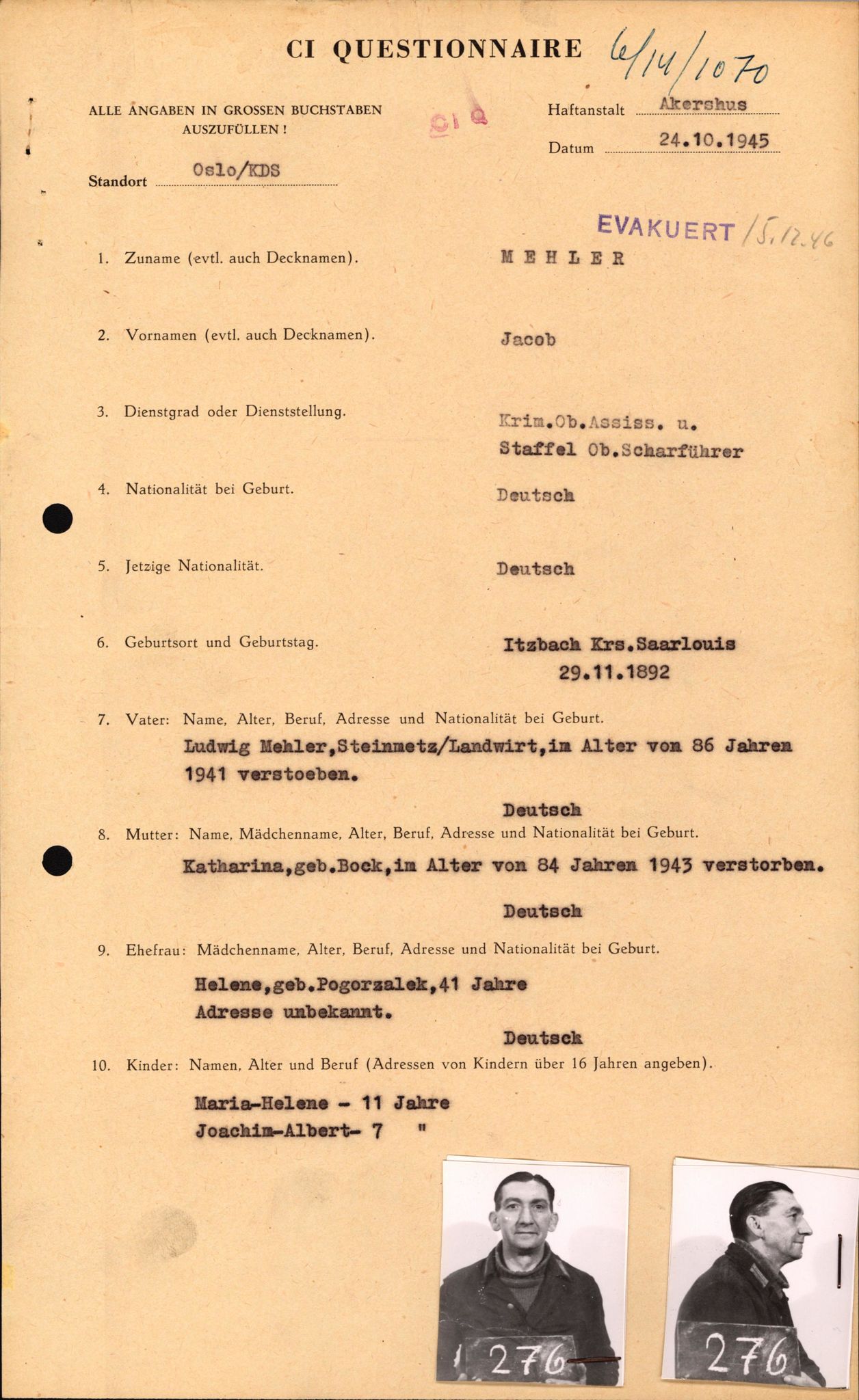 Forsvaret, Forsvarets overkommando II, AV/RA-RAFA-3915/D/Db/L0021: CI Questionaires. Tyske okkupasjonsstyrker i Norge. Tyskere., 1945-1946, p. 293