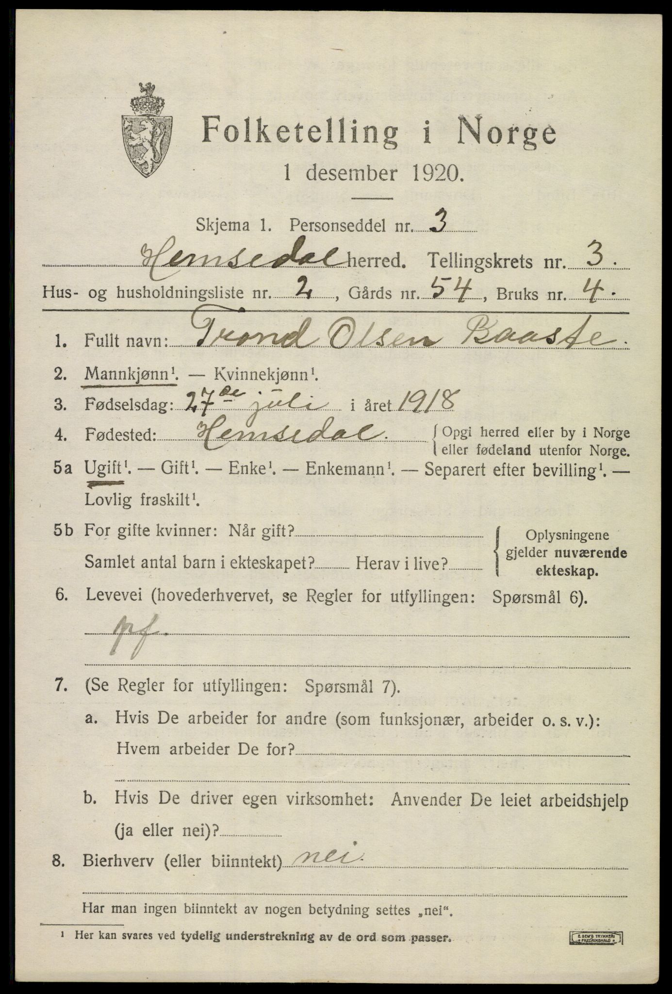 SAKO, 1920 census for Hemsedal, 1920, p. 996