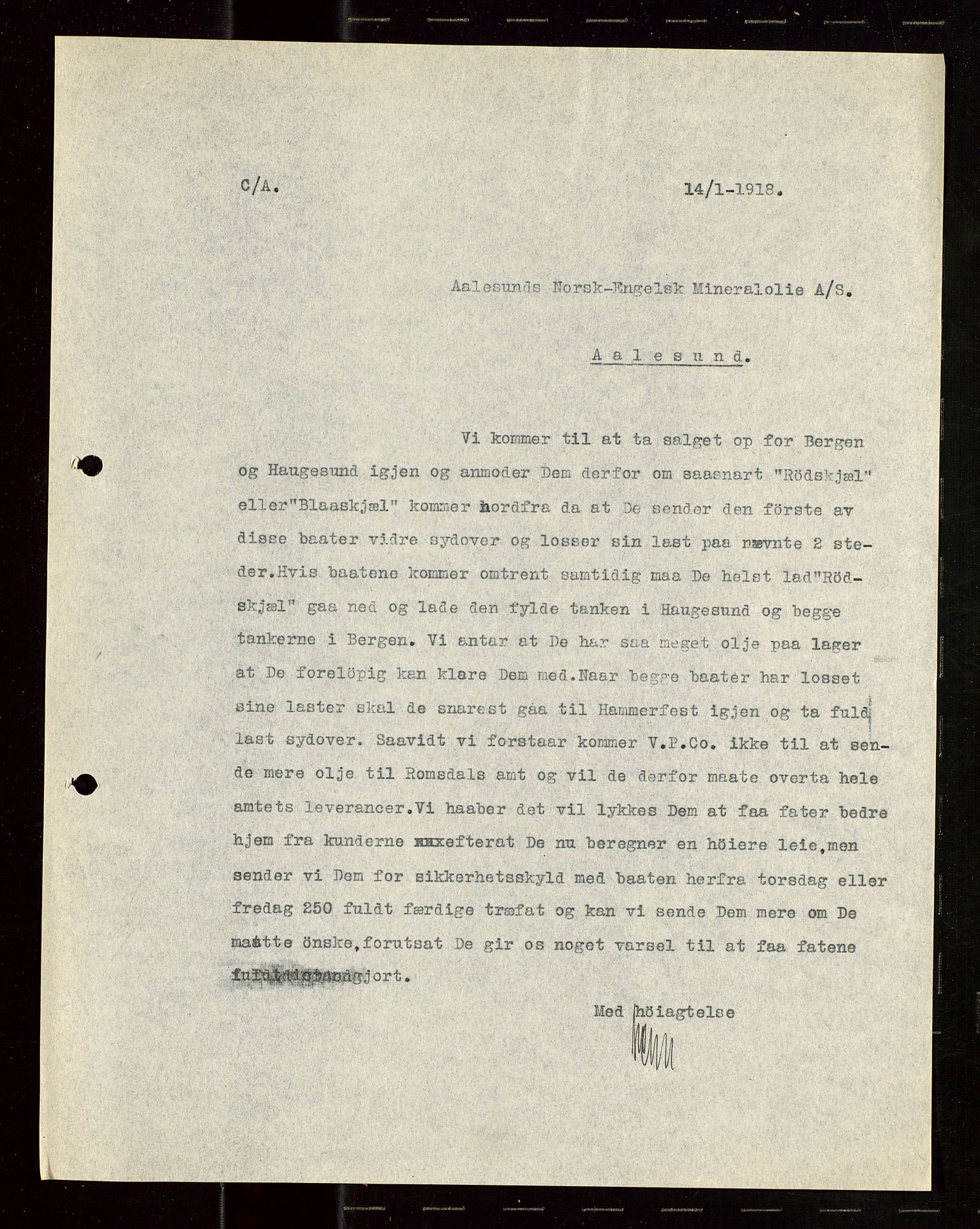 Pa 1521 - A/S Norske Shell, AV/SAST-A-101915/E/Ea/Eaa/L0022: Sjefskorrespondanse, 1918, p. 146