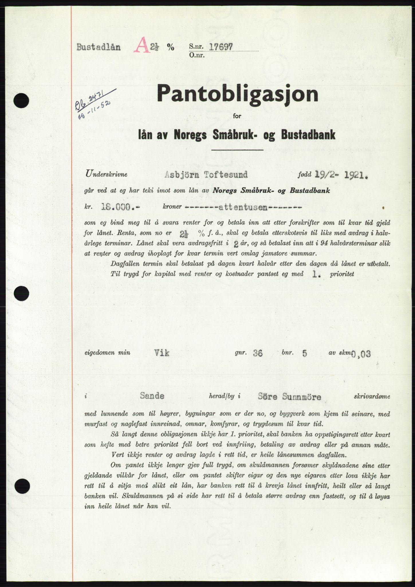Søre Sunnmøre sorenskriveri, AV/SAT-A-4122/1/2/2C/L0122: Mortgage book no. 10B, 1952-1953, Diary no: : 2471/1952
