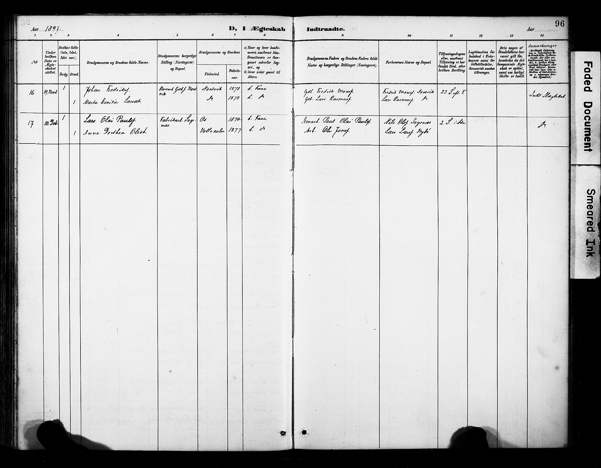 Fana Sokneprestembete, AV/SAB-A-75101/H/Haa/Haab/L0002: Parish register (official) no. B 2, 1890-1897, p. 96