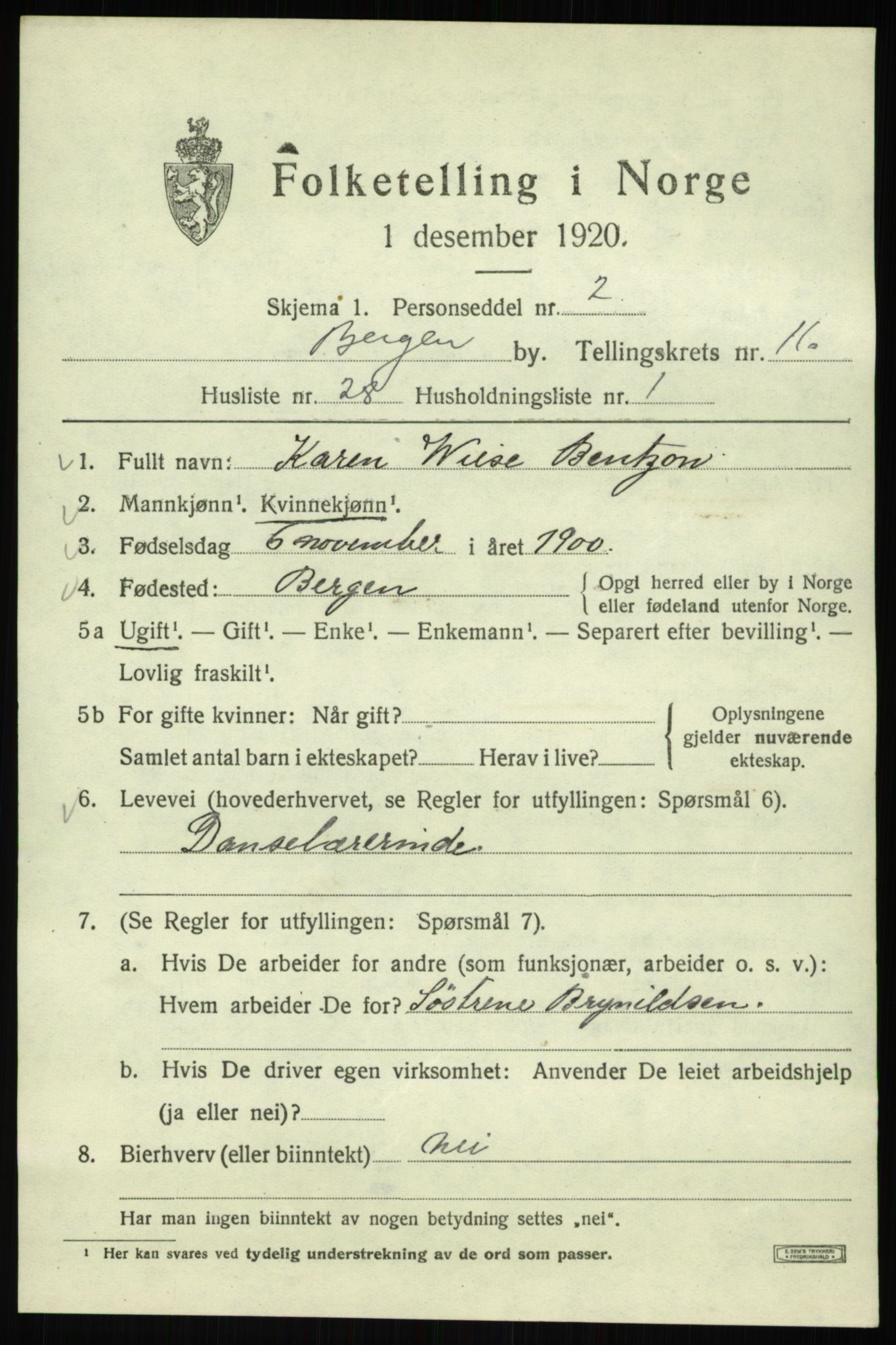 SAB, 1920 census for Bergen, 1920, p. 79075