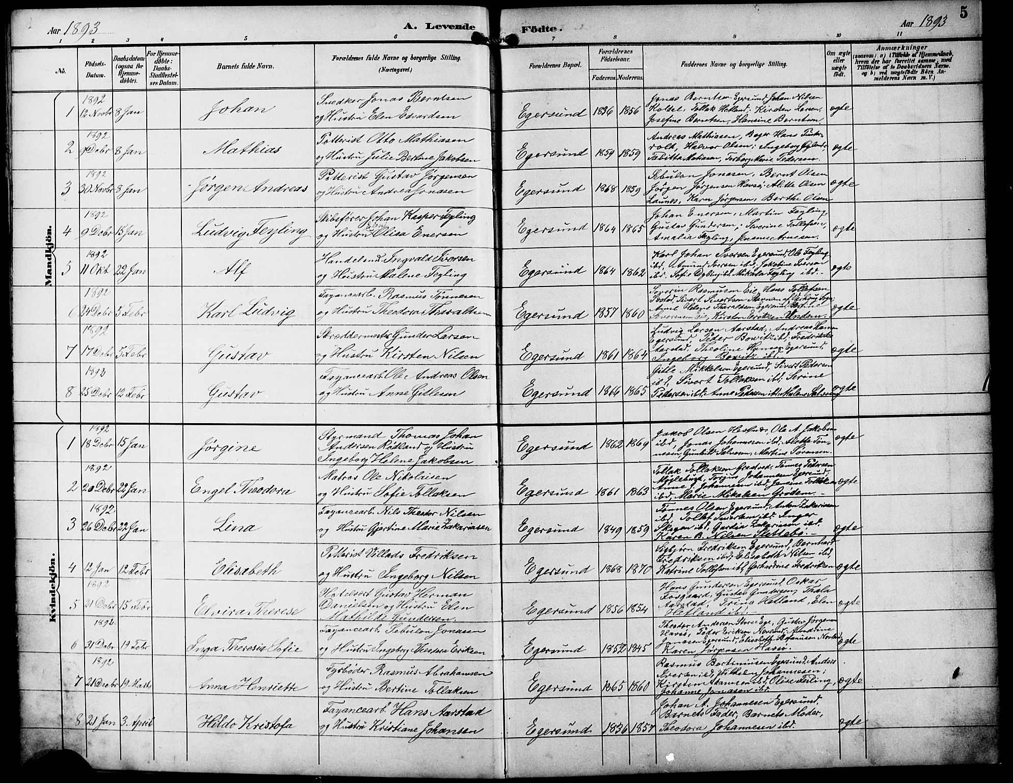 Eigersund sokneprestkontor, AV/SAST-A-101807/001/30/30BB/L0010: Parish register (copy) no. B 10, 1893-1907, p. 5