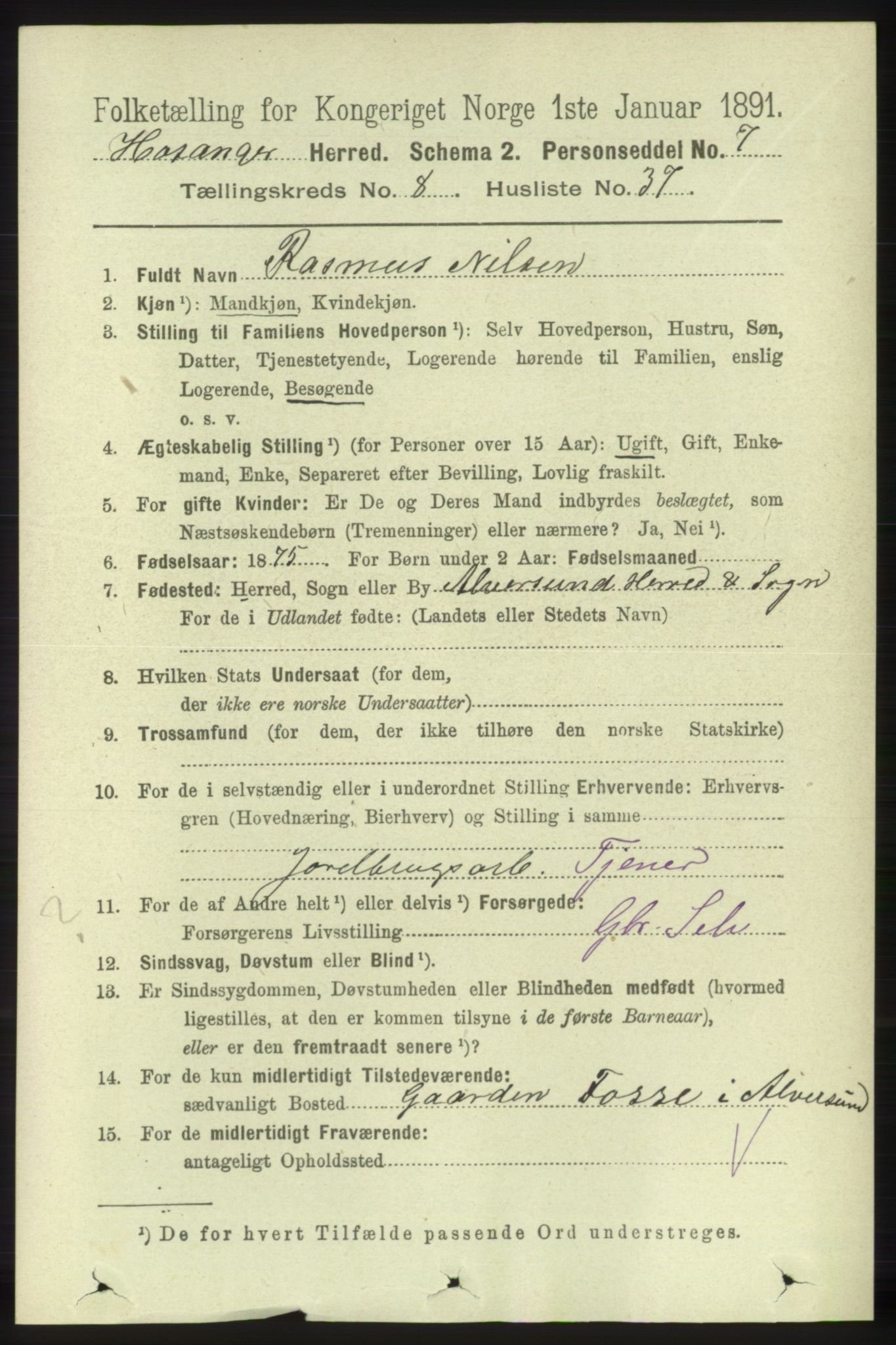 RA, 1891 census for 1253 Hosanger, 1891, p. 3172