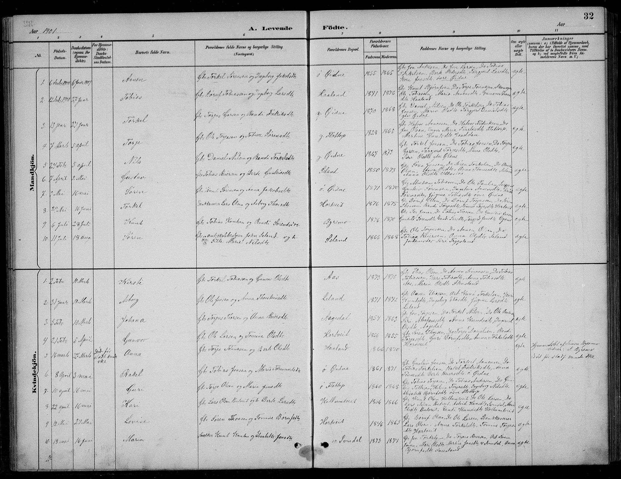 Bjelland sokneprestkontor, SAK/1111-0005/F/Fb/Fbc/L0003: Parish register (copy) no. B 3, 1887-1924, p. 32
