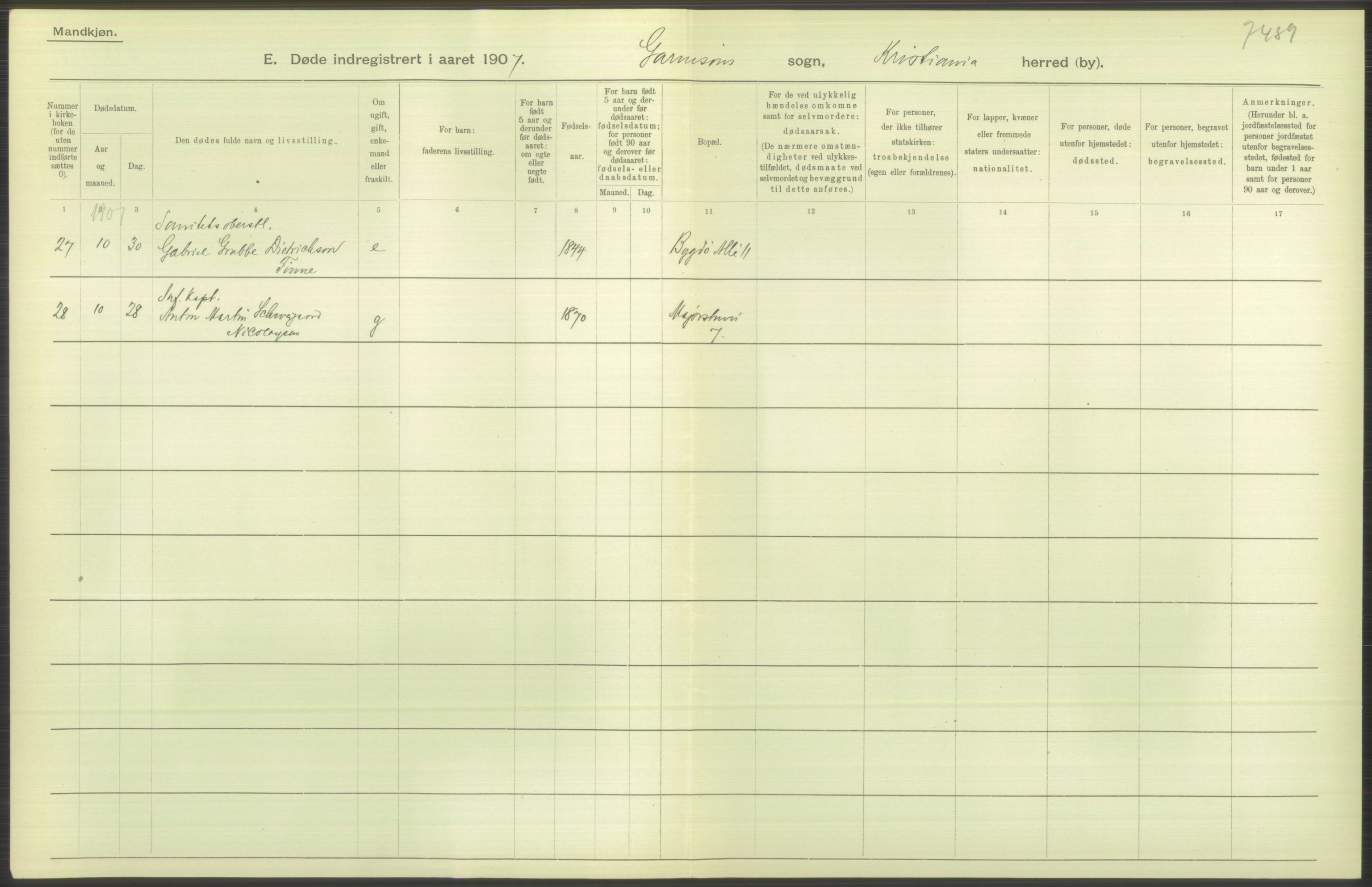 Statistisk sentralbyrå, Sosiodemografiske emner, Befolkning, RA/S-2228/D/Df/Dfa/Dfae/L0009: Kristiania: Døde, 1907, p. 130