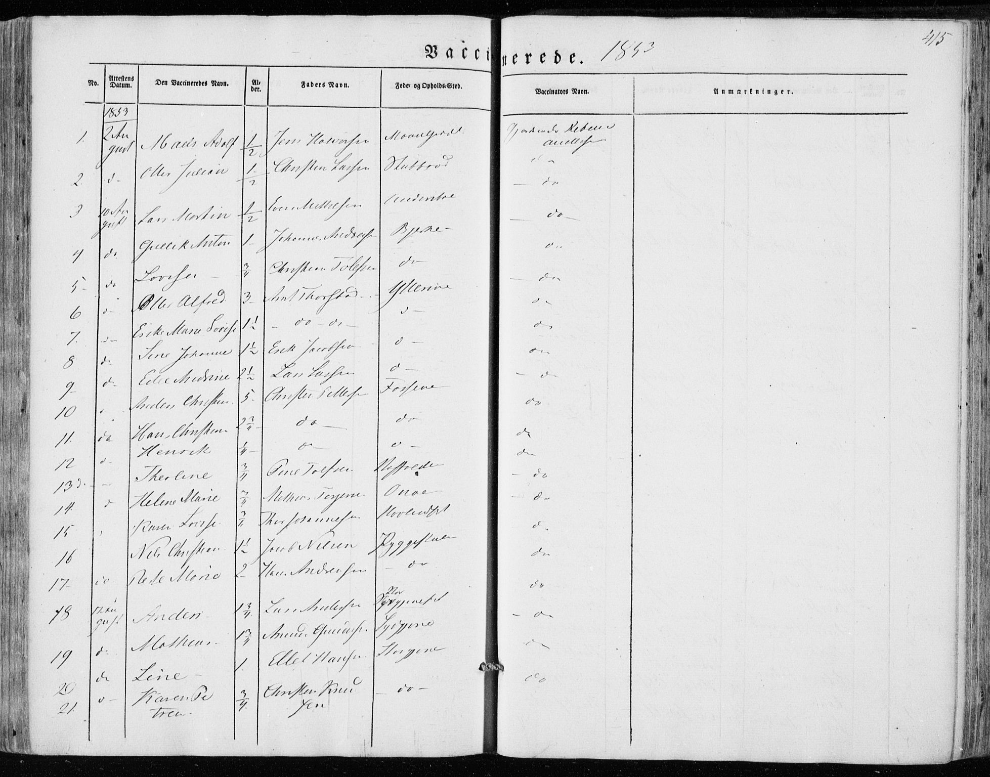 Hedrum kirkebøker, AV/SAKO-A-344/F/Fa/L0006: Parish register (official) no. I 6, 1849-1857, p. 415