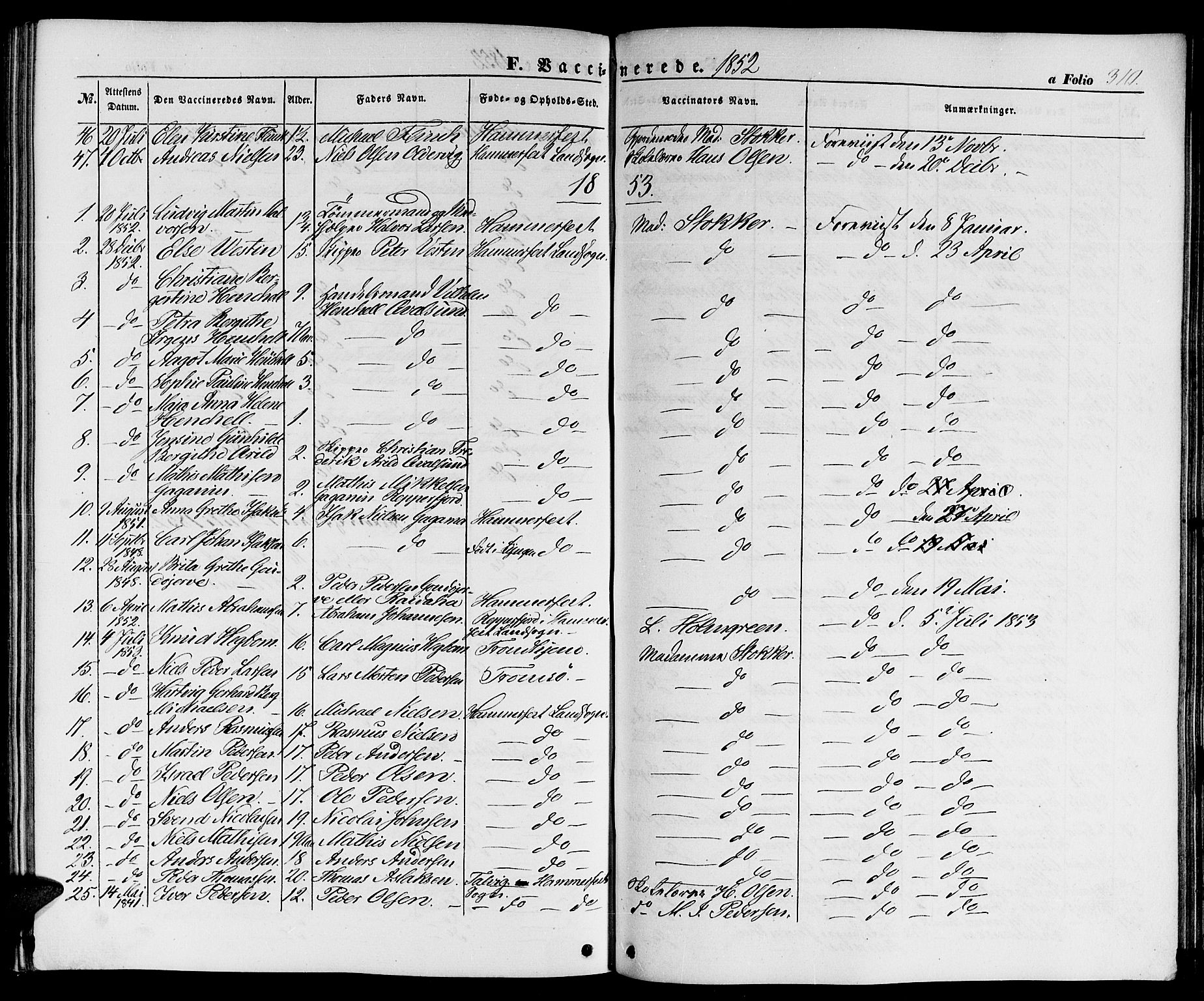 Hammerfest sokneprestkontor, AV/SATØ-S-1347/H/Hb/L0002.klokk: Parish register (copy) no. 2, 1851-1861, p. 310