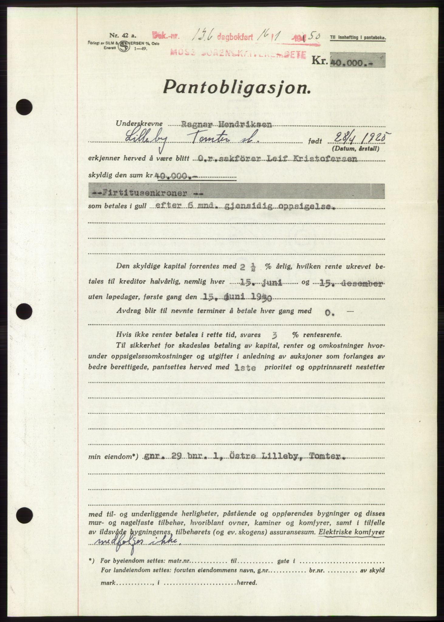 Moss sorenskriveri, SAO/A-10168: Mortgage book no. B23, 1949-1950, Diary no: : 136/1950