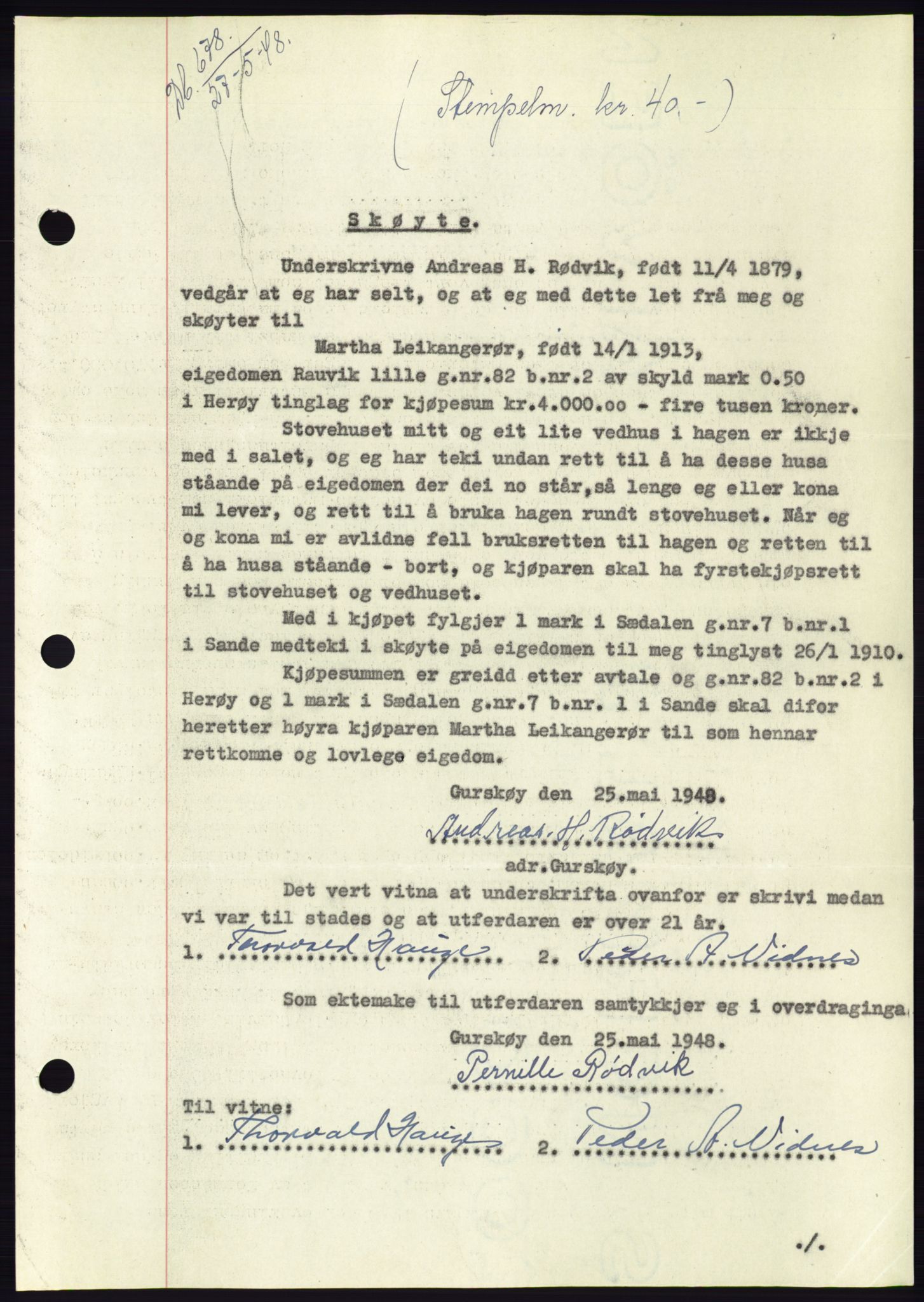 Søre Sunnmøre sorenskriveri, AV/SAT-A-4122/1/2/2C/L0082: Mortgage book no. 8A, 1948-1948, Diary no: : 678/1948