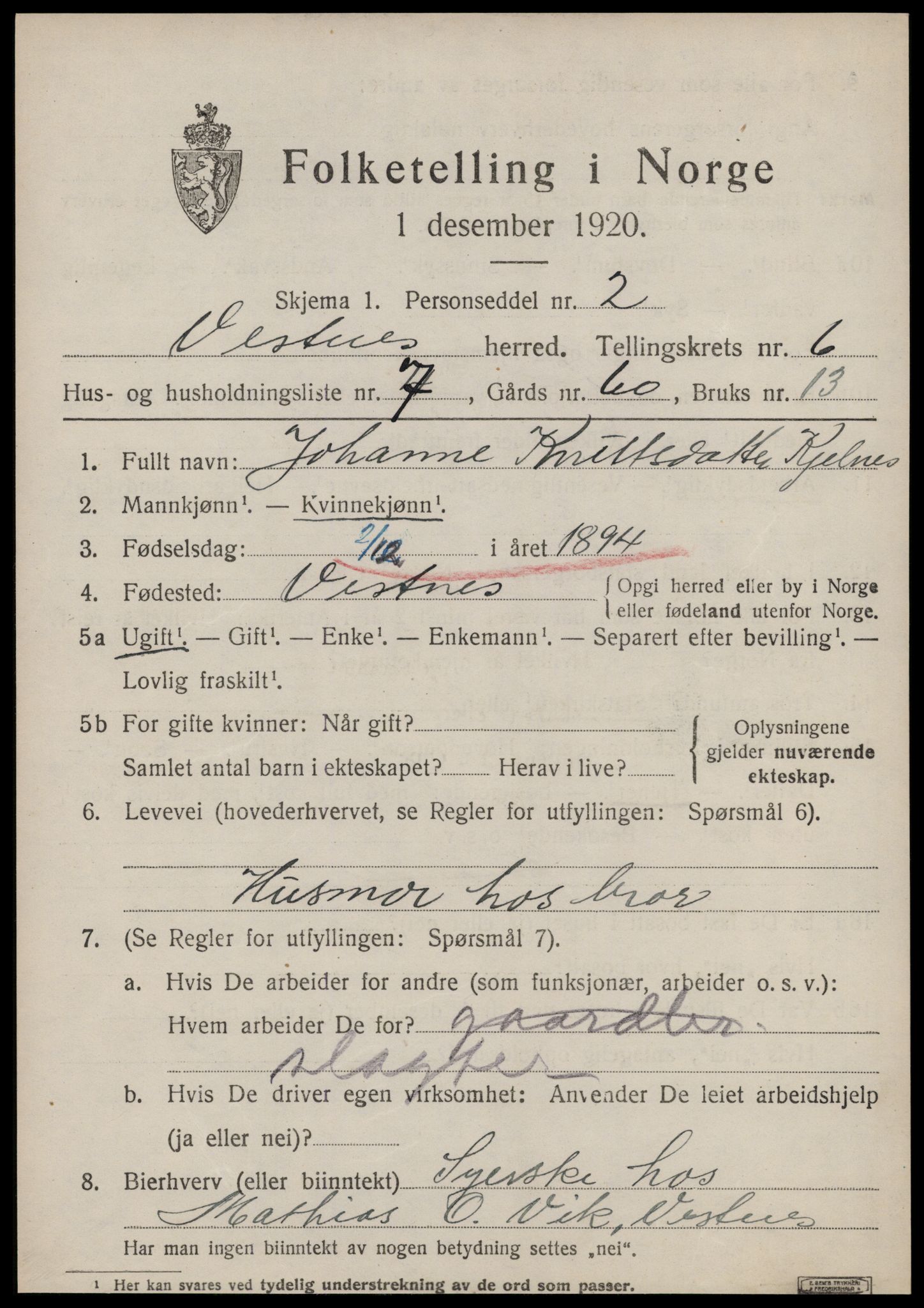 SAT, 1920 census for Vestnes, 1920, p. 4365