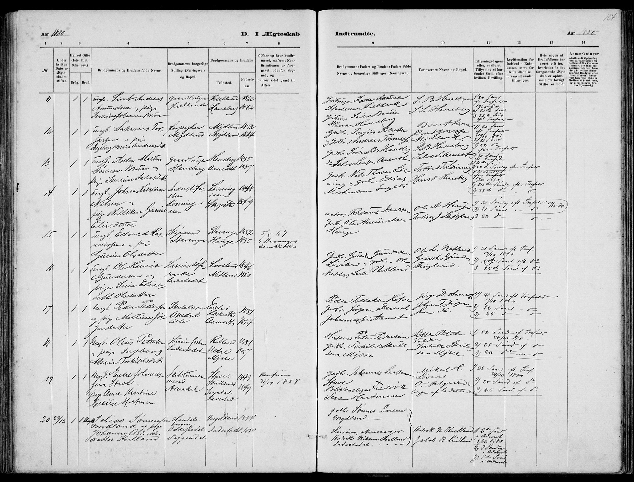 Sokndal sokneprestkontor, AV/SAST-A-101808: Parish register (copy) no. B 4, 1880-1891, p. 164