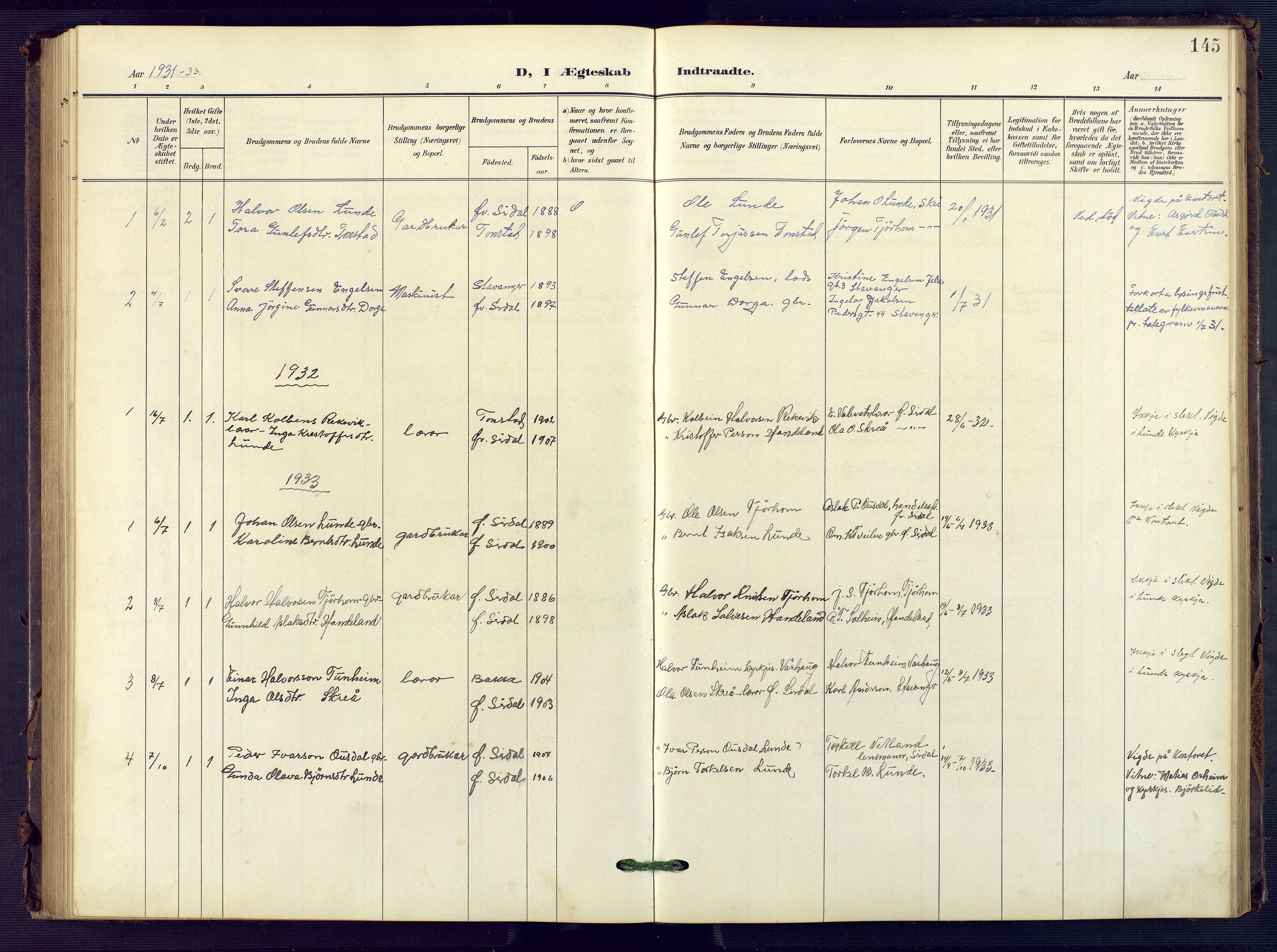 Sirdal sokneprestkontor, SAK/1111-0036/F/Fb/Fba/L0002: Parish register (copy) no. B 2, 1905-1958, p. 145