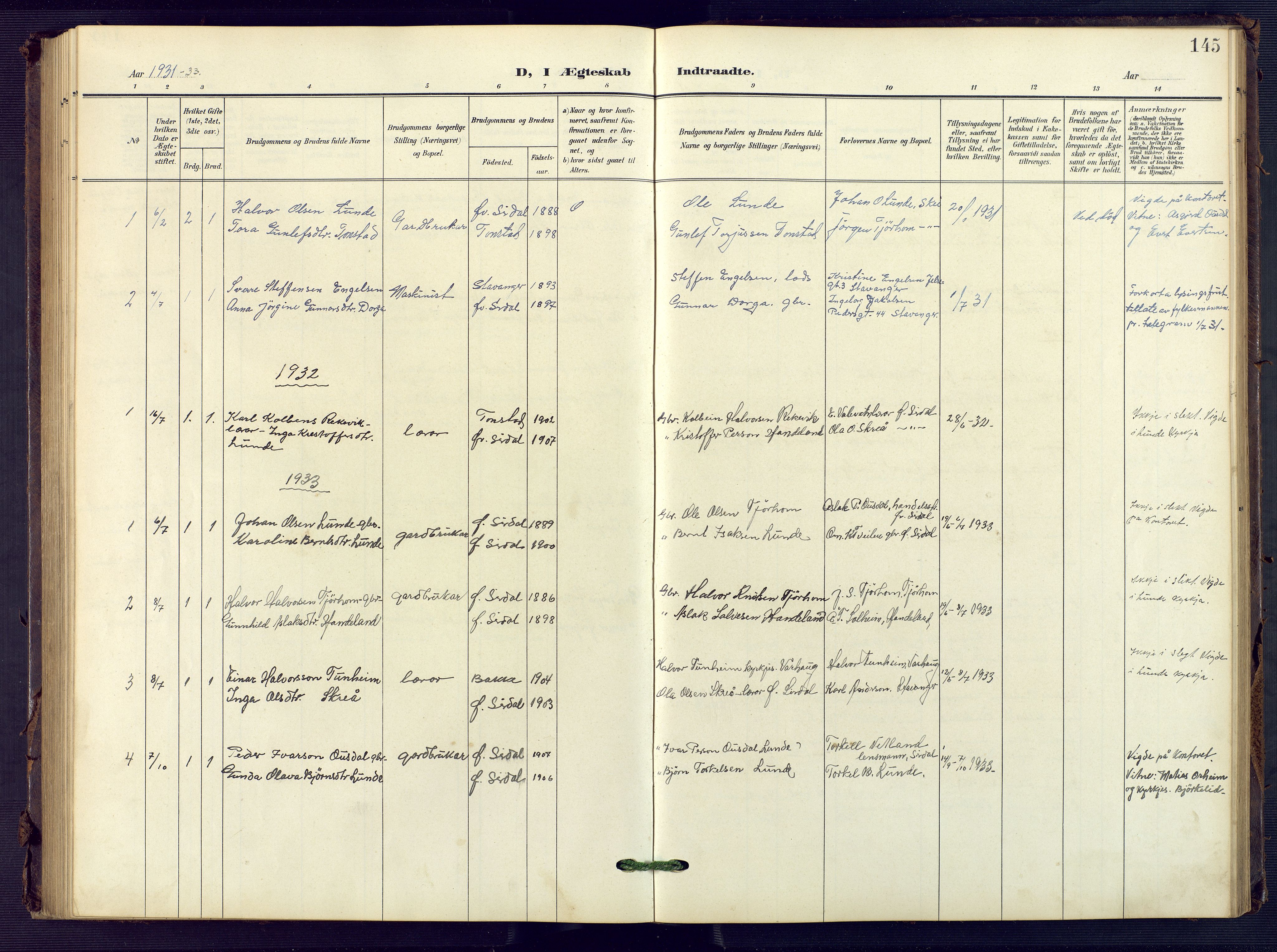 Sirdal sokneprestkontor, AV/SAK-1111-0036/F/Fb/Fba/L0002: Parish register (copy) no. B 2, 1905-1958, p. 145