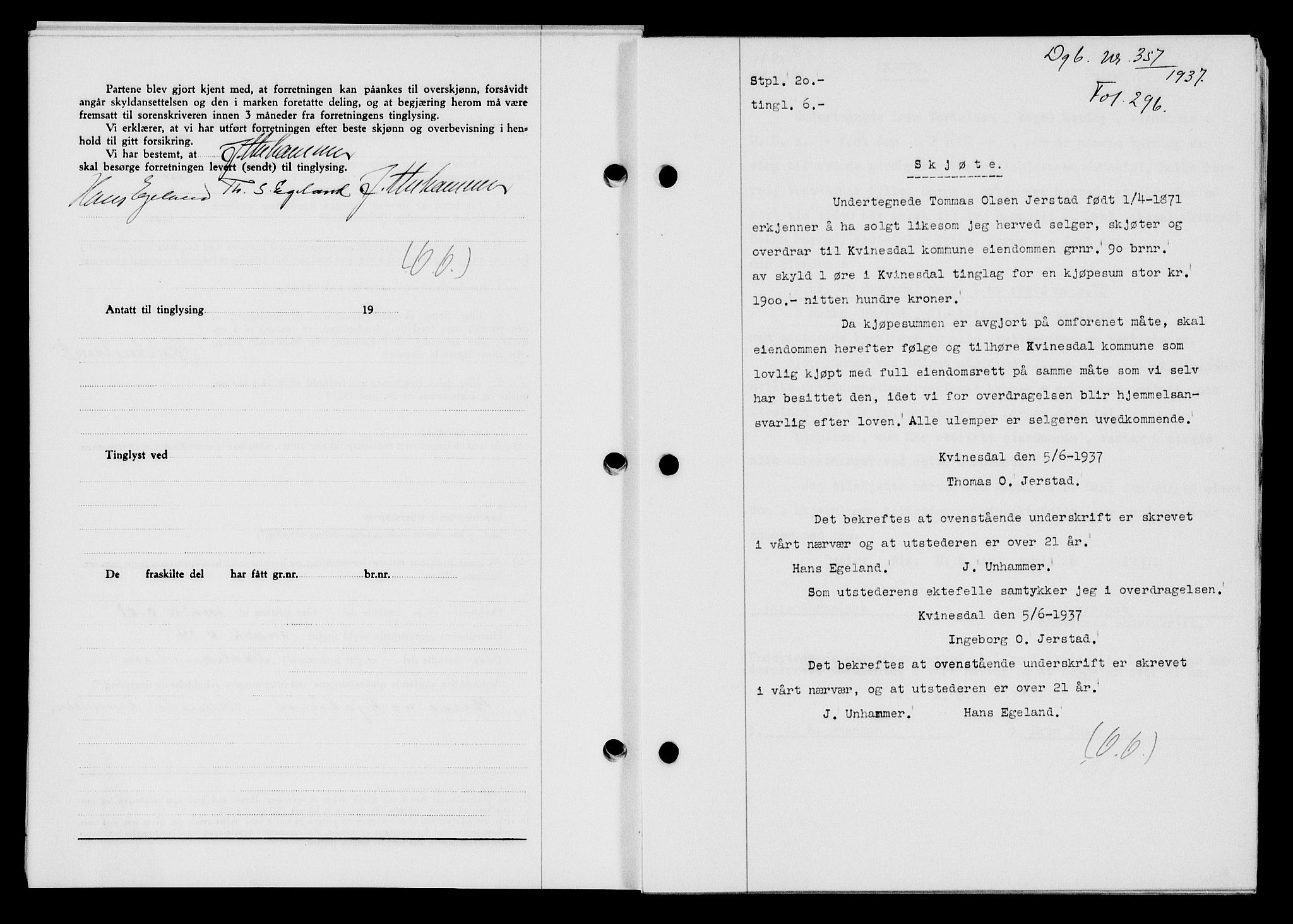 Flekkefjord sorenskriveri, SAK/1221-0001/G/Gb/Gba/L0053: Mortgage book no. A-1, 1936-1937, Diary no: : 357/1937