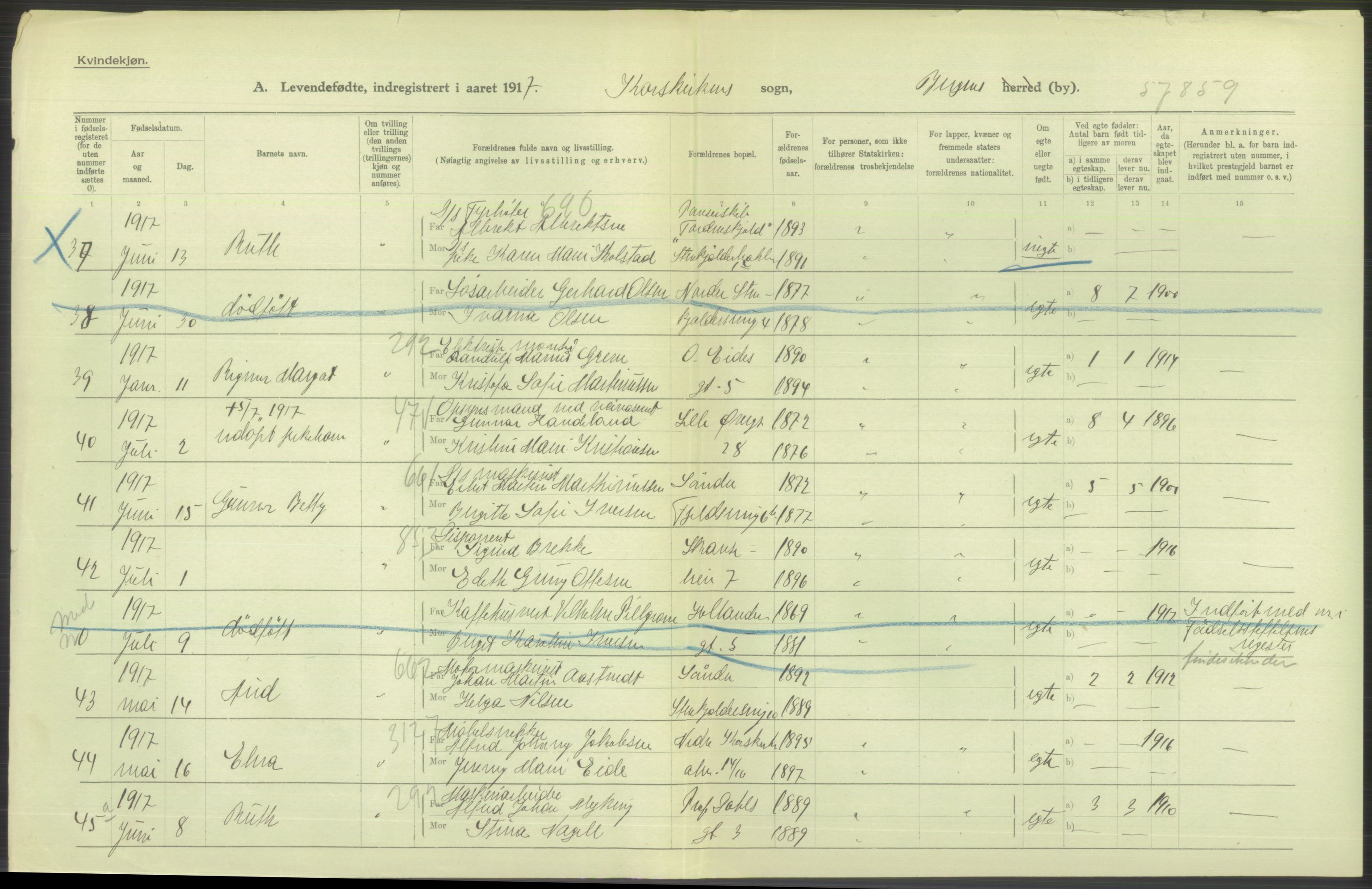 Statistisk sentralbyrå, Sosiodemografiske emner, Befolkning, AV/RA-S-2228/D/Df/Dfb/Dfbg/L0037: Bergen: Levendefødte menn og kvinner., 1917, p. 382