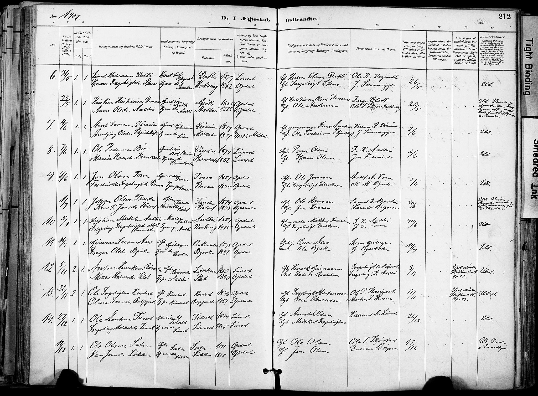 Ministerialprotokoller, klokkerbøker og fødselsregistre - Sør-Trøndelag, AV/SAT-A-1456/678/L0902: Parish register (official) no. 678A11, 1895-1911, p. 212