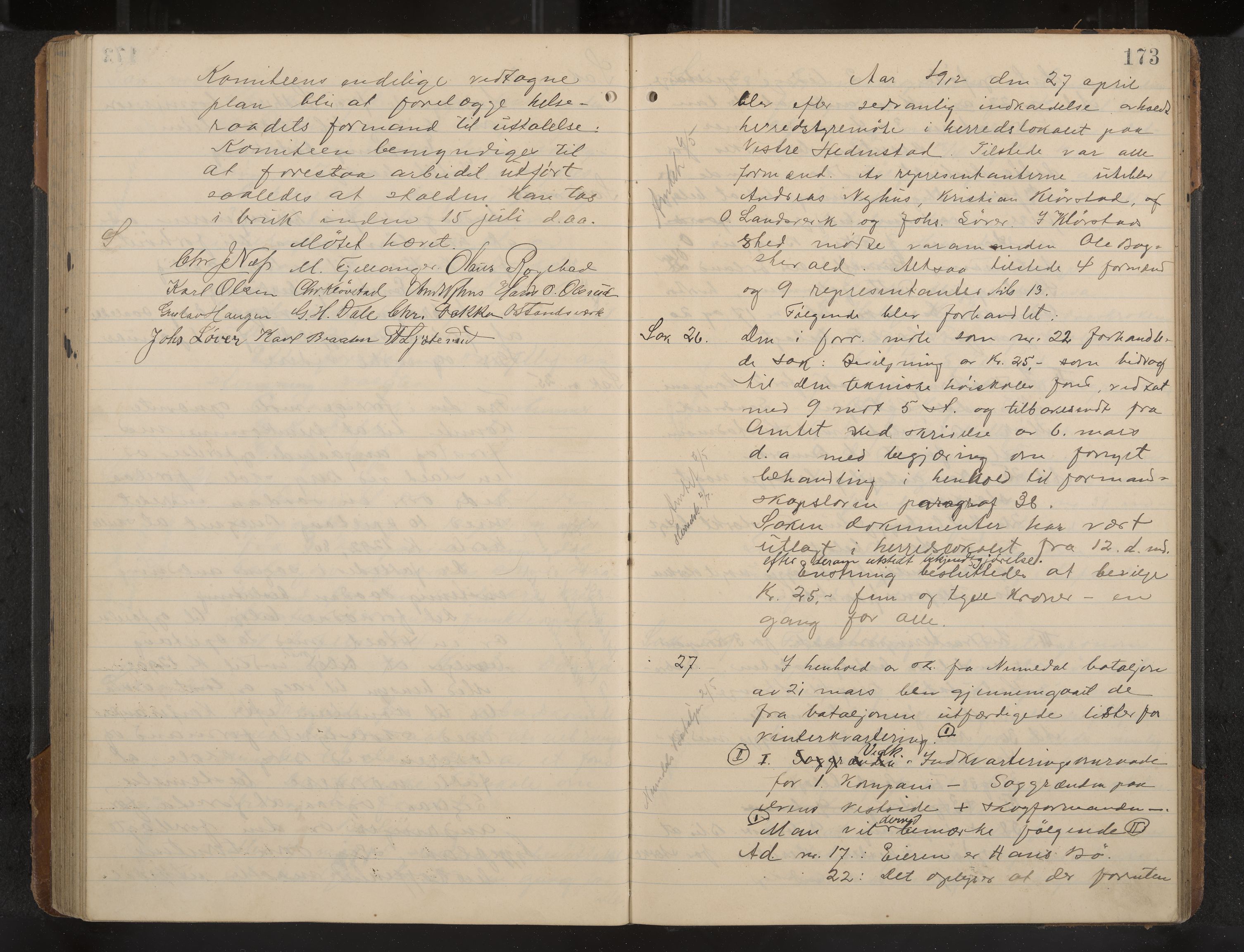 Øvre Sandsvær formannskap og sentraladministrasjon, IKAK/0630021/A/L0001: Møtebok med register, 1908-1913, p. 173