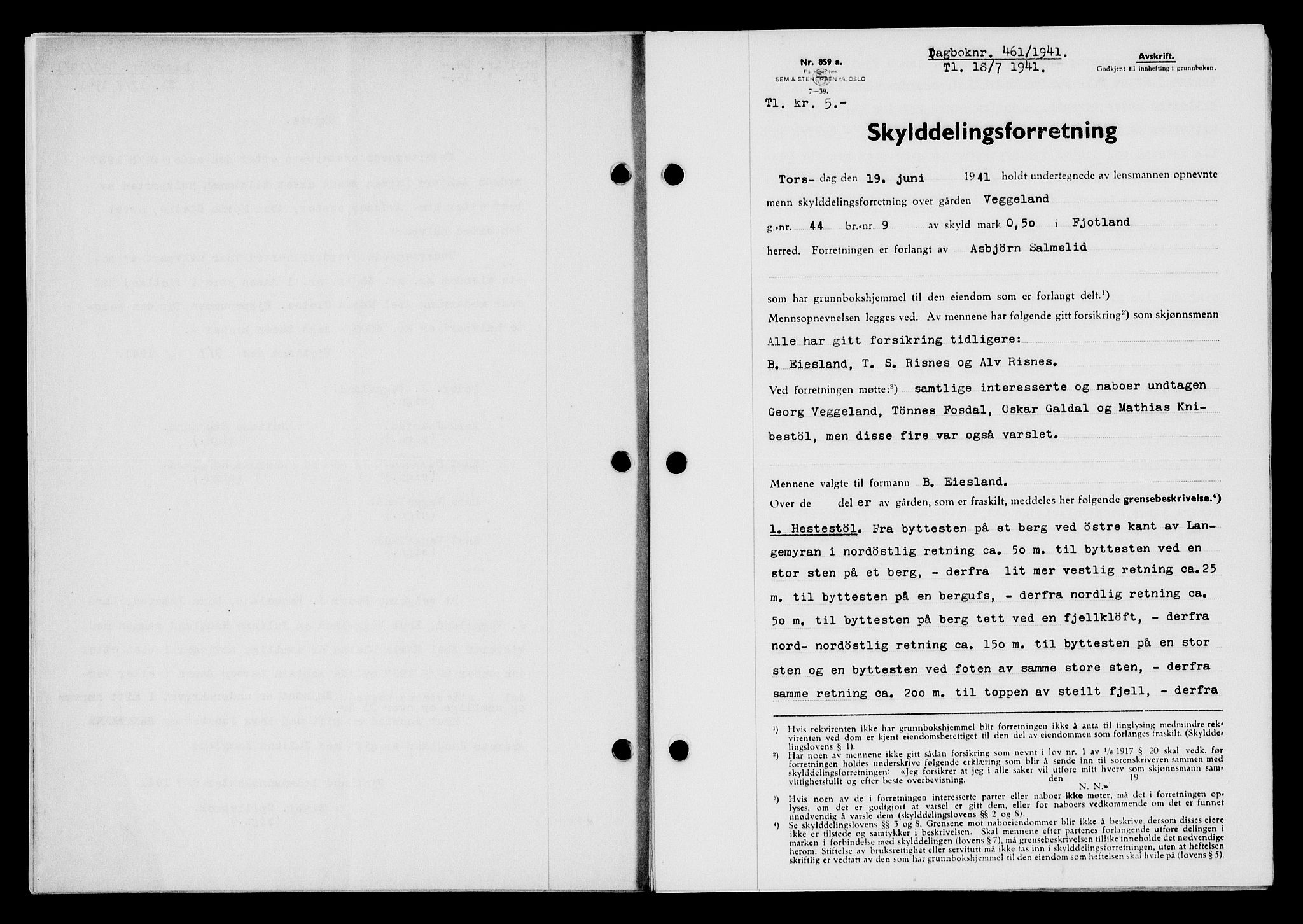 Flekkefjord sorenskriveri, SAK/1221-0001/G/Gb/Gba/L0057: Mortgage book no. A-5, 1941-1942, Diary no: : 461/1941
