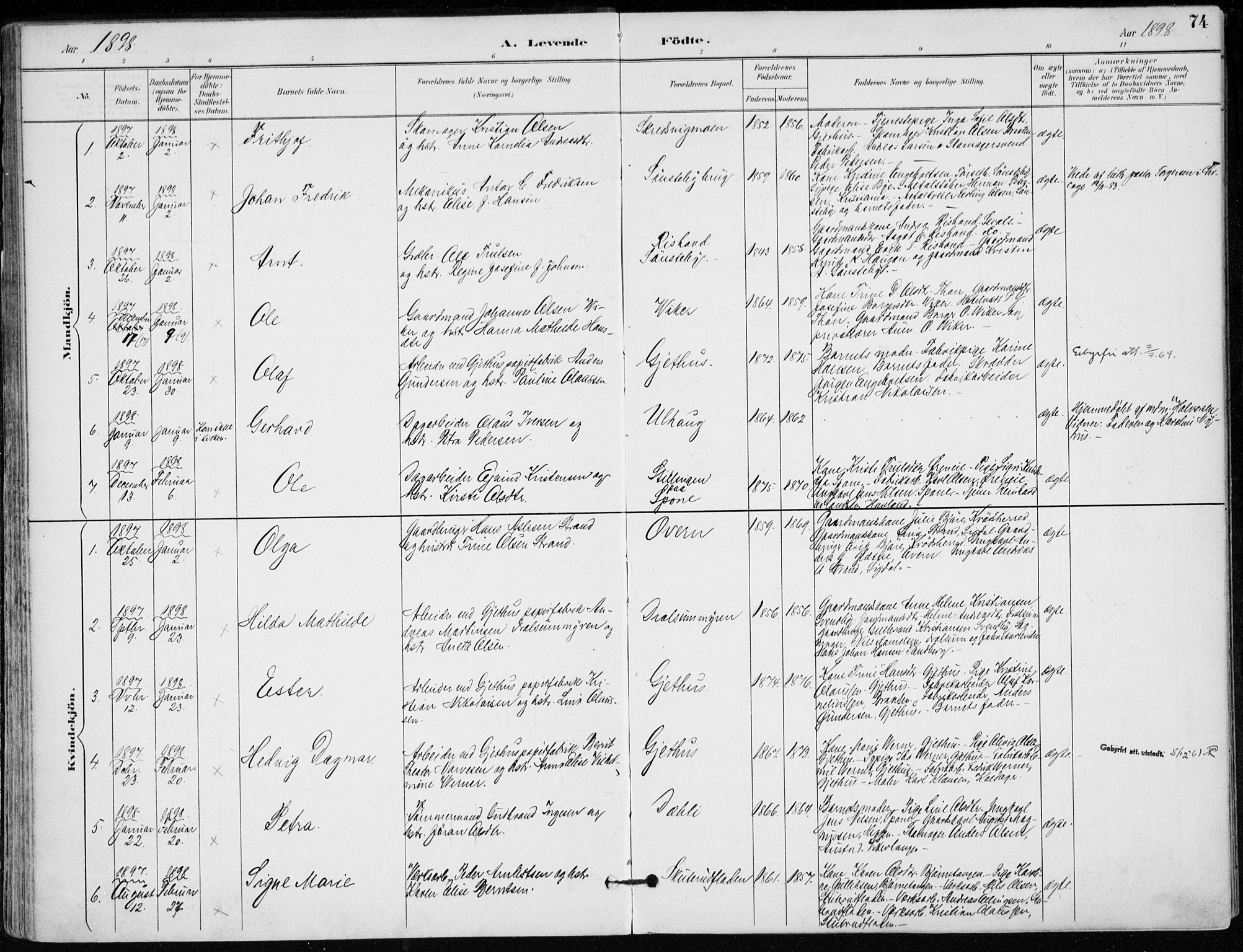 Modum kirkebøker, AV/SAKO-A-234/F/Fa/L0012: Parish register (official) no. 12, 1890-1898, p. 74