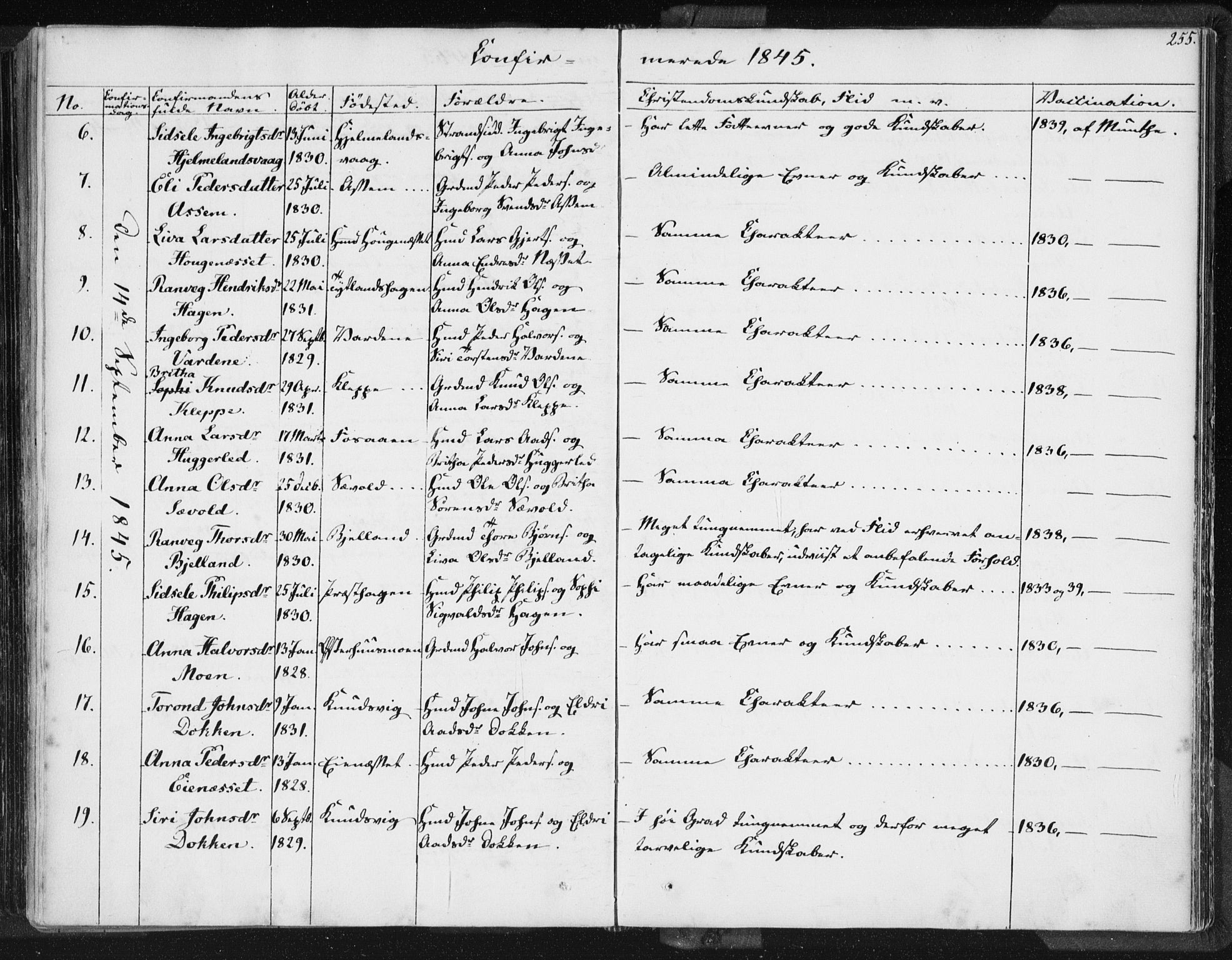 Hjelmeland sokneprestkontor, SAST/A-101843/01/IV/L0006: Parish register (official) no. A 6, 1834-1845, p. 255