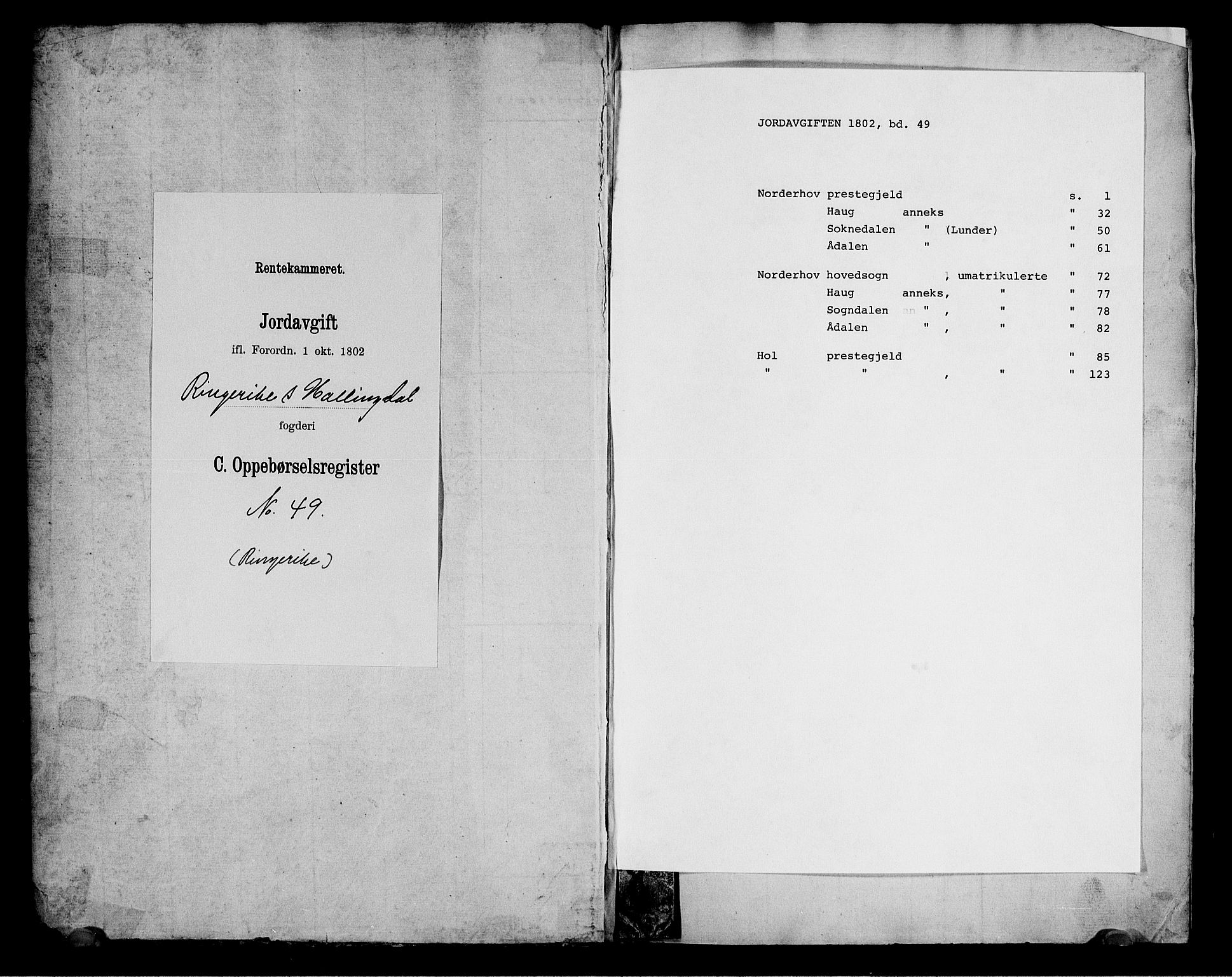 Rentekammeret inntil 1814, Realistisk ordnet avdeling, RA/EA-4070/N/Ne/Nea/L0049: Ringerike og Hallingdal fogderi. Oppebørselsregister for Ringerike, 1803-1804, p. 1