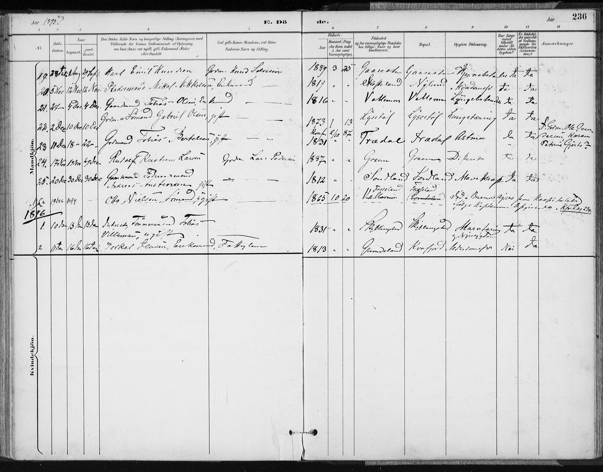 Sør-Audnedal sokneprestkontor, AV/SAK-1111-0039/F/Fa/Fab/L0010: Parish register (official) no. A 10, 1892-1913, p. 236