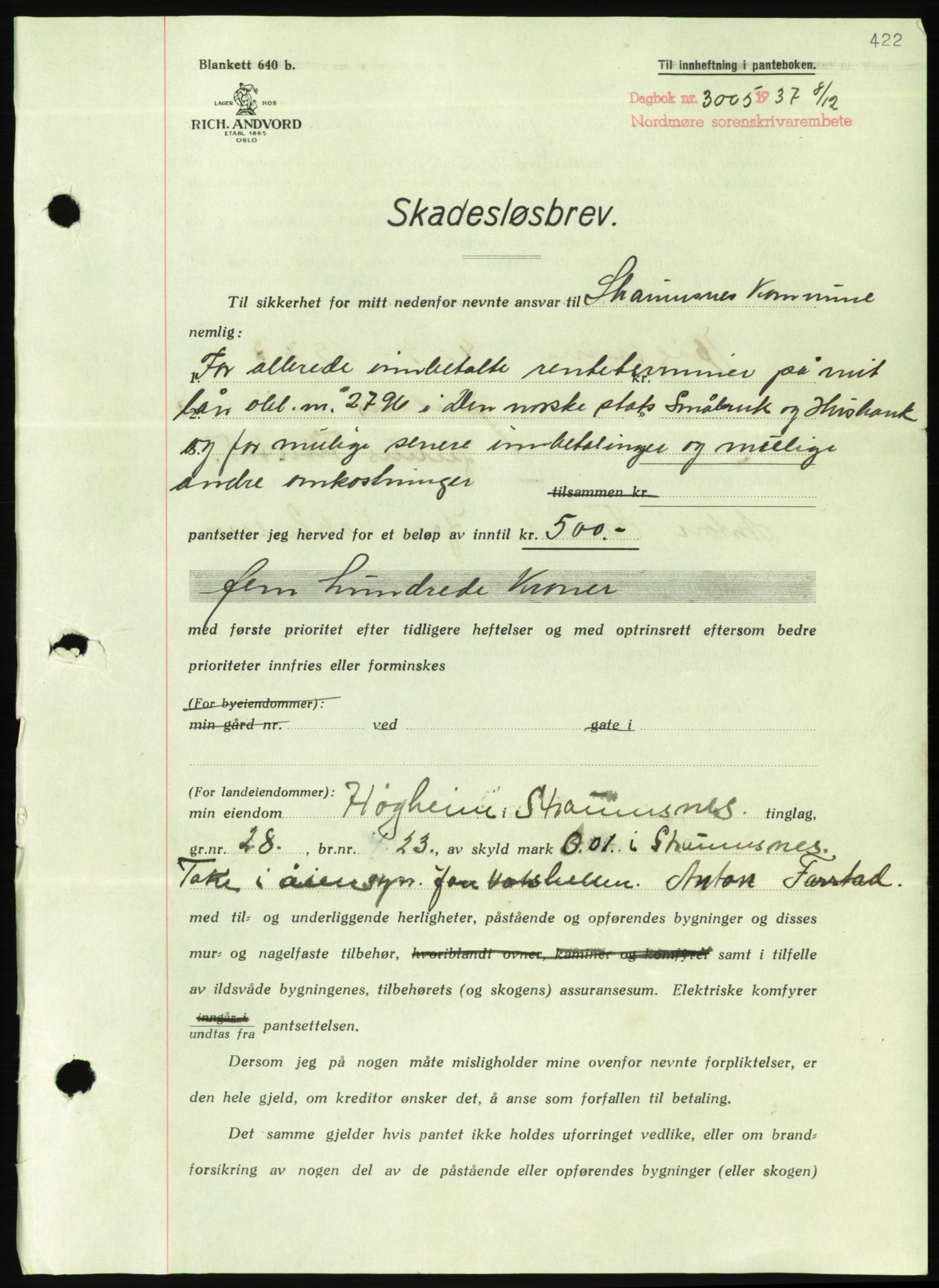 Nordmøre sorenskriveri, AV/SAT-A-4132/1/2/2Ca/L0092: Mortgage book no. B82, 1937-1938, Diary no: : 3005/1937