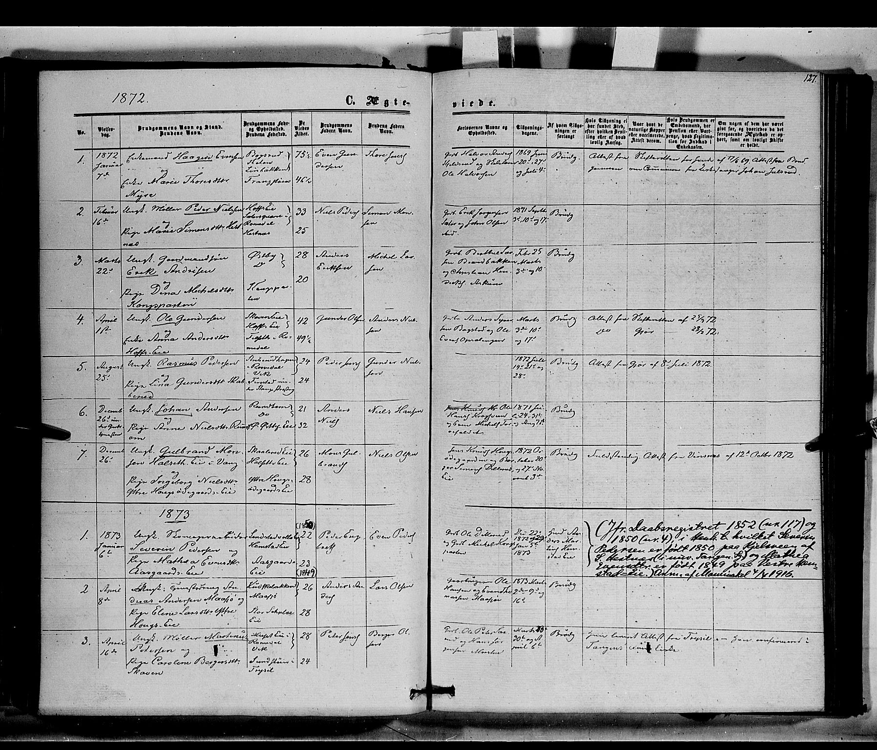 Stange prestekontor, SAH/PREST-002/K/L0014: Parish register (official) no. 14, 1862-1879, p. 127
