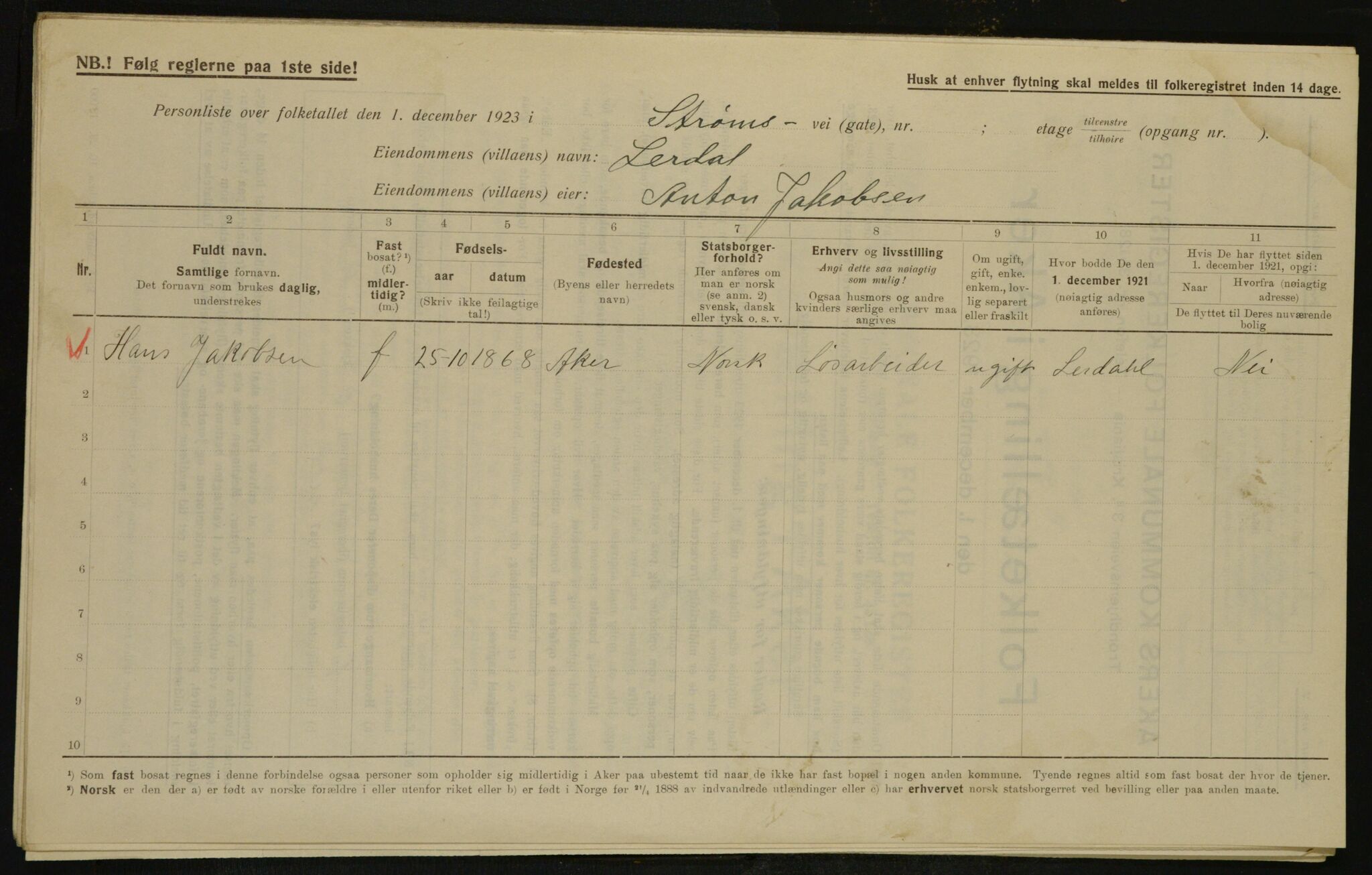 , Municipal Census 1923 for Aker, 1923, p. 32338