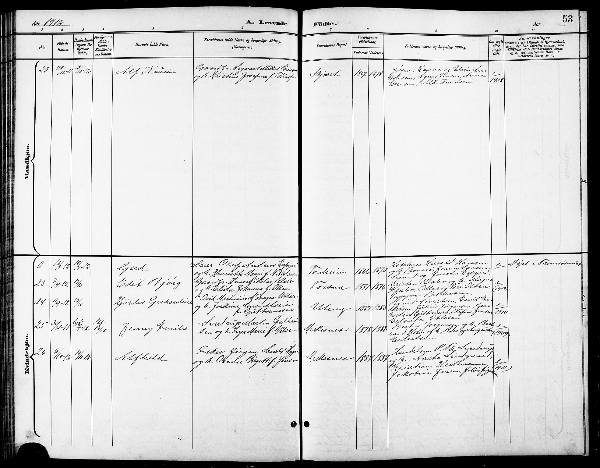 Tranøy sokneprestkontor, SATØ/S-1313/I/Ia/Iab/L0014klokker: Parish register (copy) no. 14, 1896-1918, p. 53
