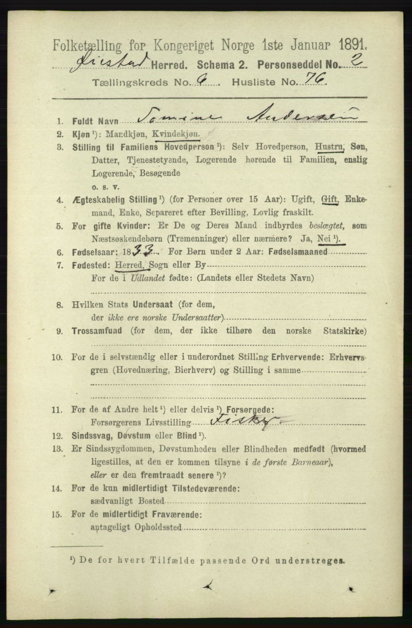 RA, 1891 census for 0920 Øyestad, 1891, p. 2556