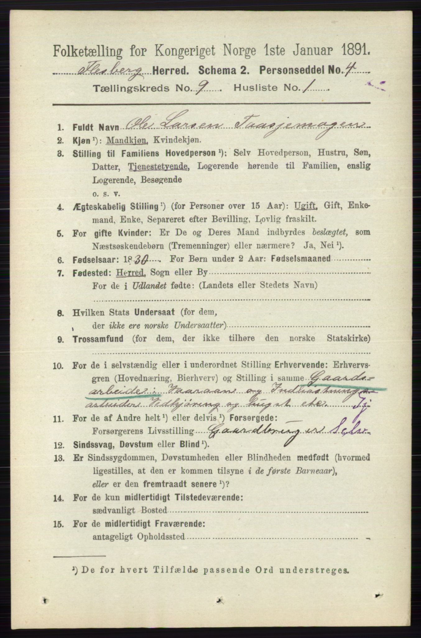 RA, 1891 census for 0631 Flesberg, 1891, p. 1530