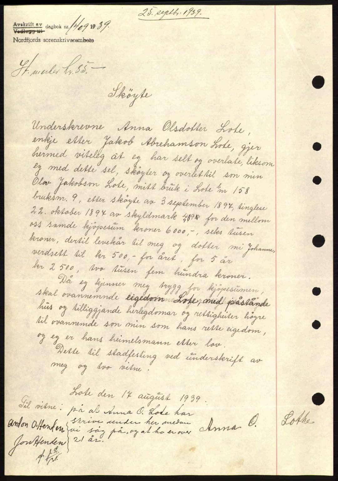 Nordfjord sorenskriveri, SAB/A-2801/02/02b/02bj/L0004: Mortgage book no. A4, 1938-1939, Diary no: : 1409/1939