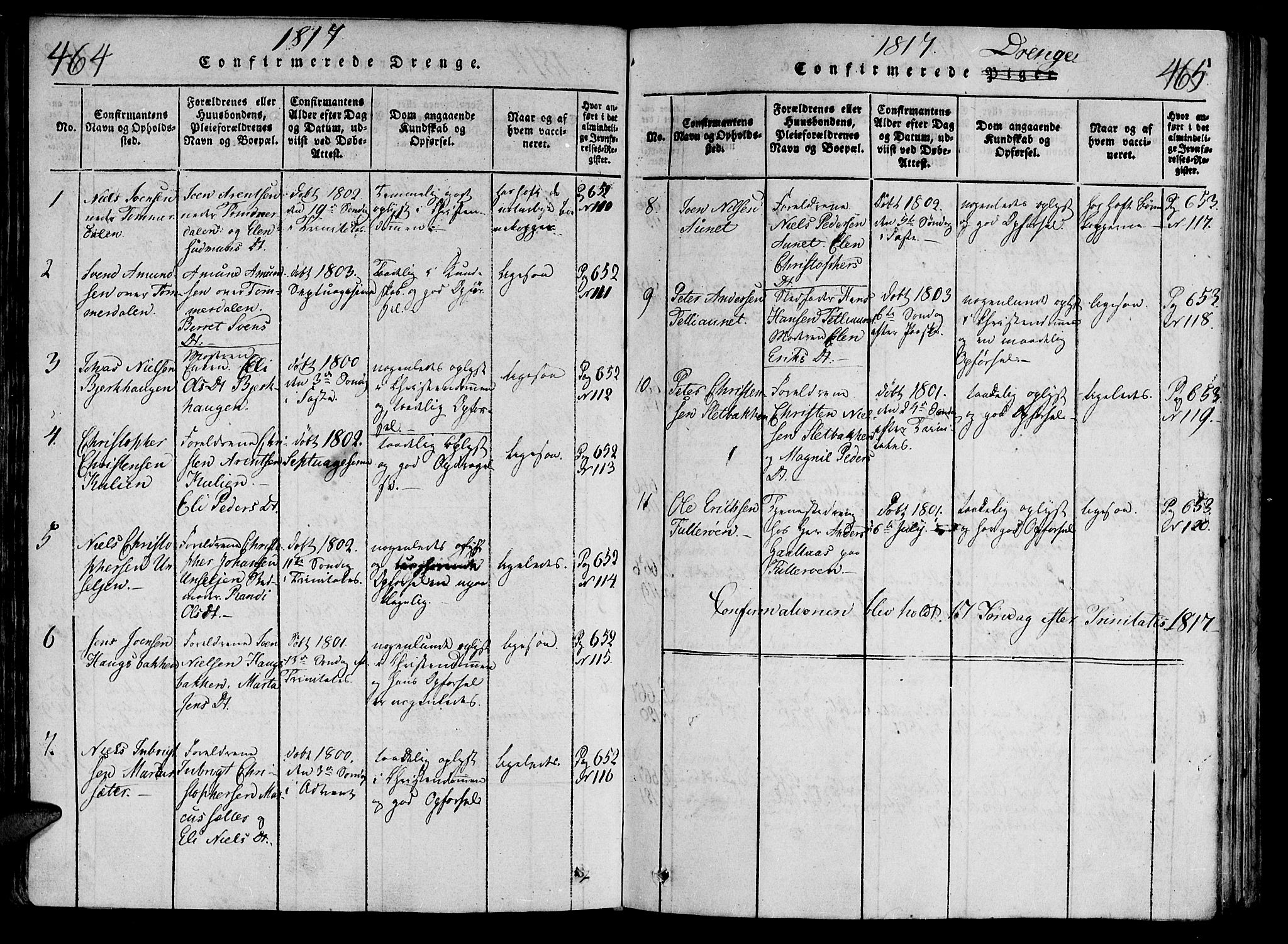 Ministerialprotokoller, klokkerbøker og fødselsregistre - Nord-Trøndelag, AV/SAT-A-1458/701/L0005: Parish register (official) no. 701A05 /1, 1816-1825, p. 464-465