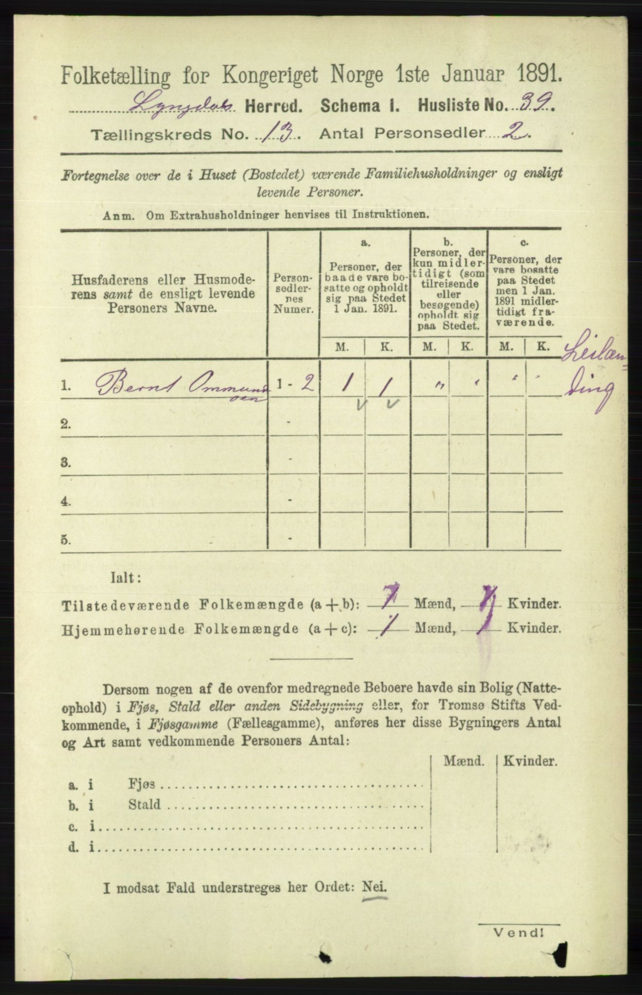 RA, 1891 census for 1032 Lyngdal, 1891, p. 5597