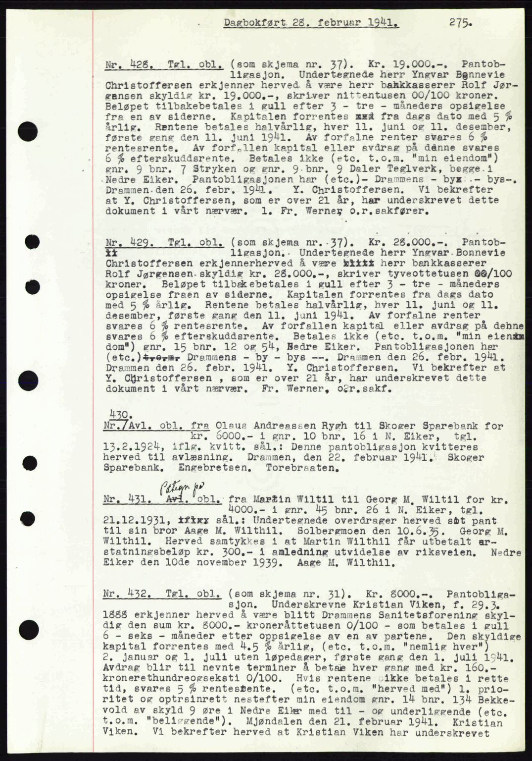 Eiker, Modum og Sigdal sorenskriveri, SAKO/A-123/G/Ga/Gab/L0043: Mortgage book no. A13, 1940-1941, Diary no: : 428/1941