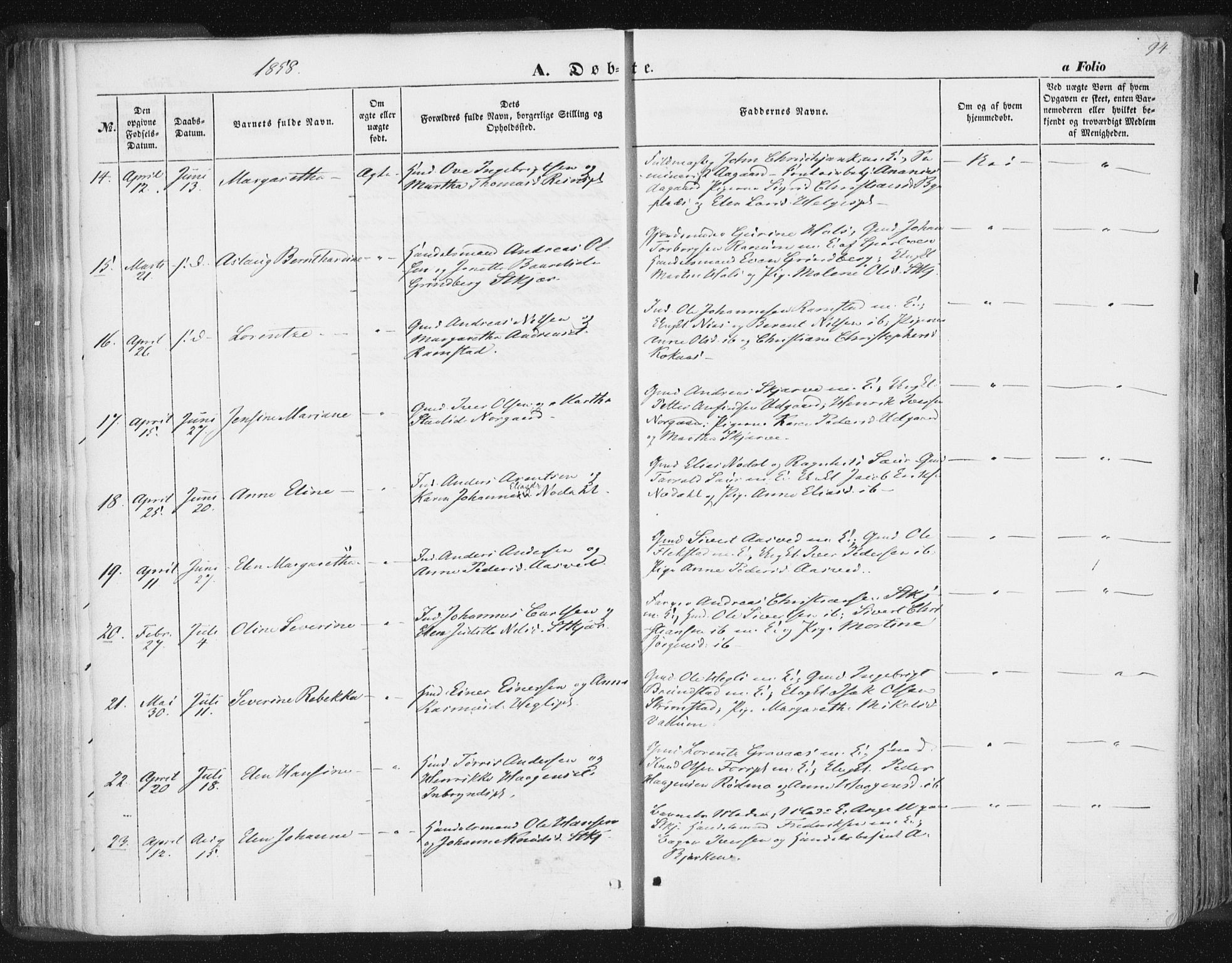 Ministerialprotokoller, klokkerbøker og fødselsregistre - Nord-Trøndelag, SAT/A-1458/746/L0446: Parish register (official) no. 746A05, 1846-1859, p. 94