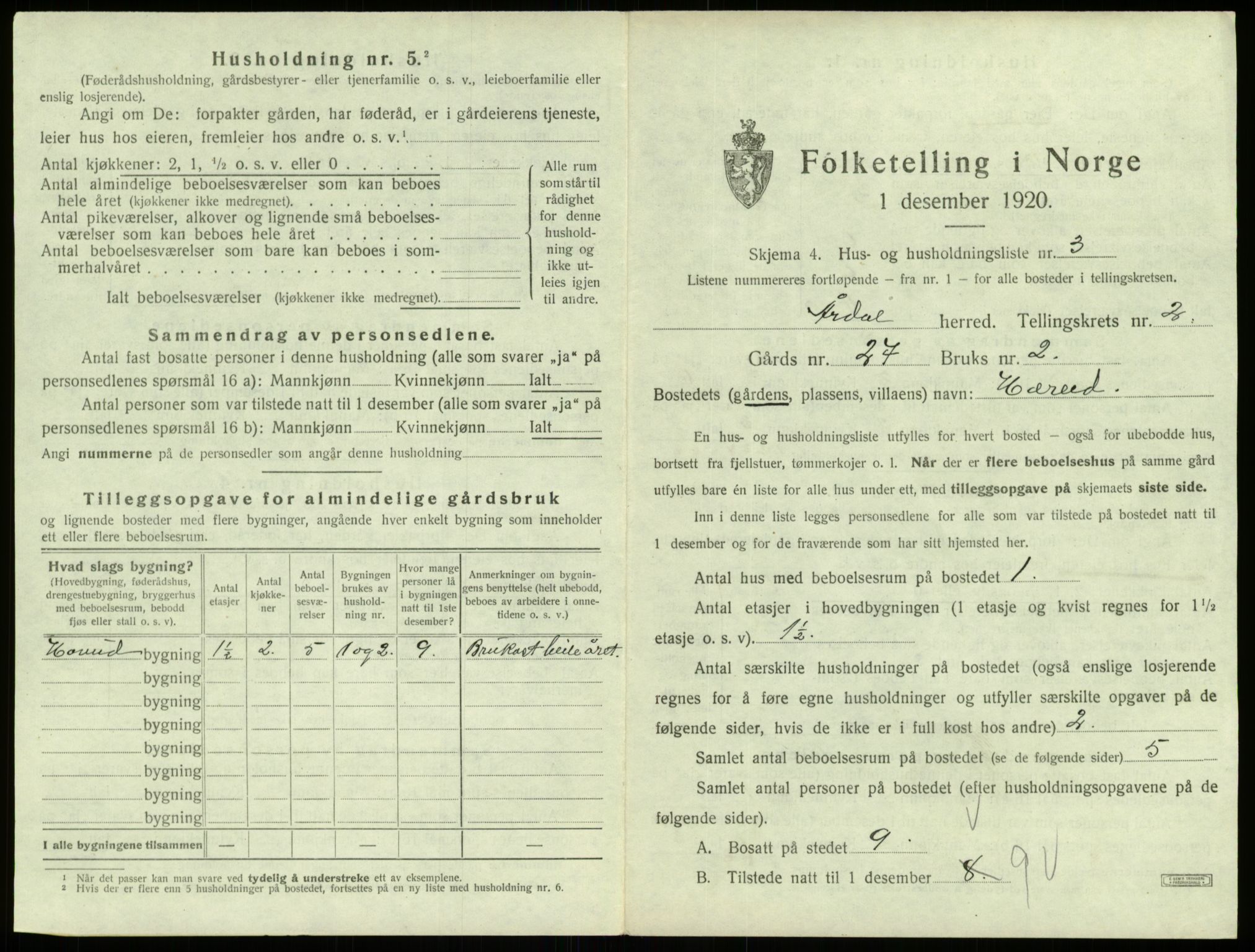 SAB, 1920 census for Årdal, 1920, p. 99