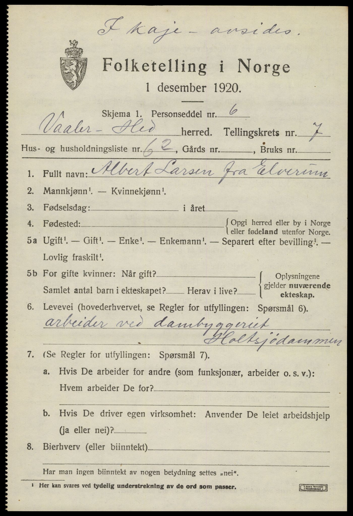 SAH, 1920 census for Våler (Hedmark), 1920, p. 8247