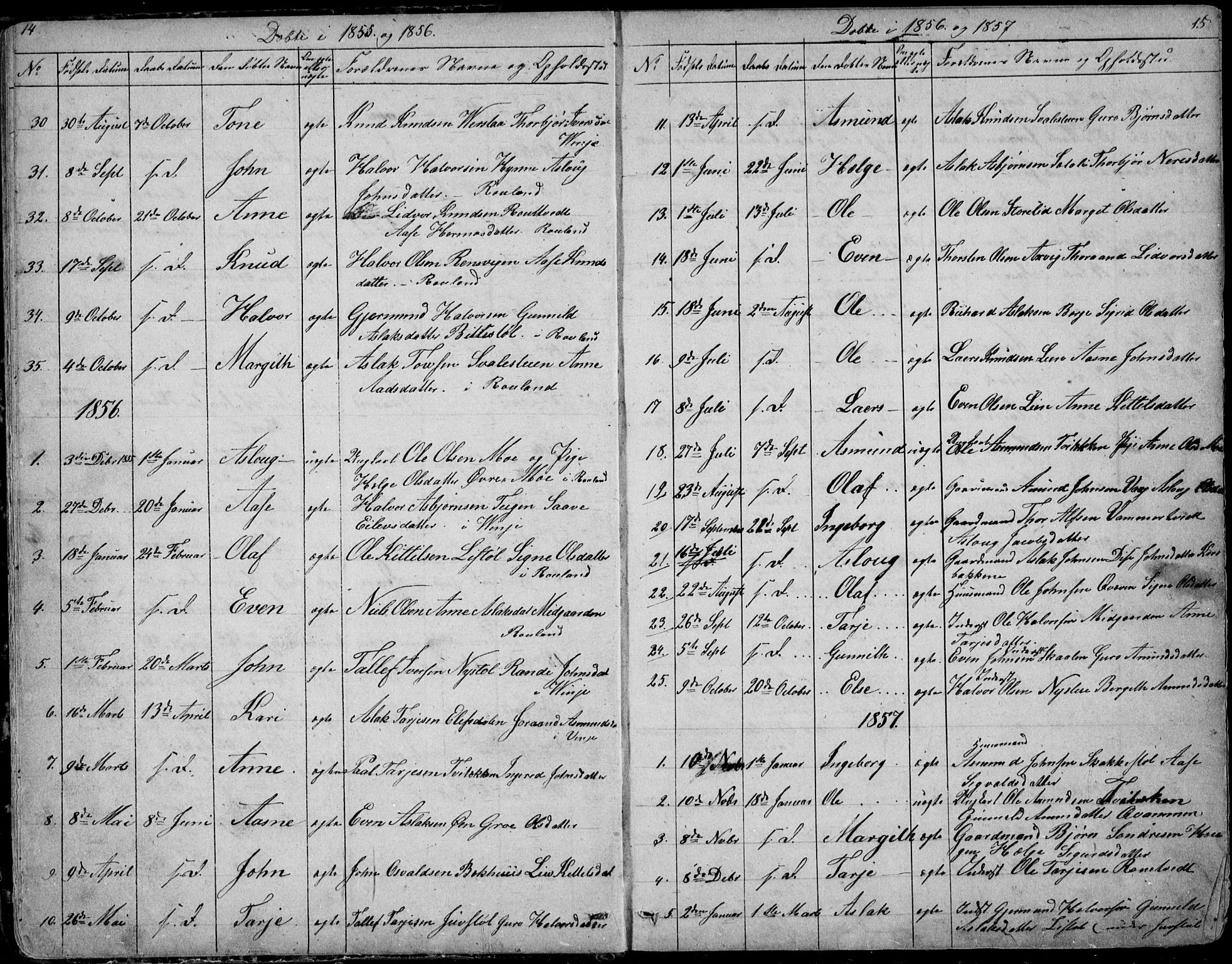 Rauland kirkebøker, SAKO/A-292/G/Ga/L0002: Parish register (copy) no. I 2, 1849-1935, p. 14-15